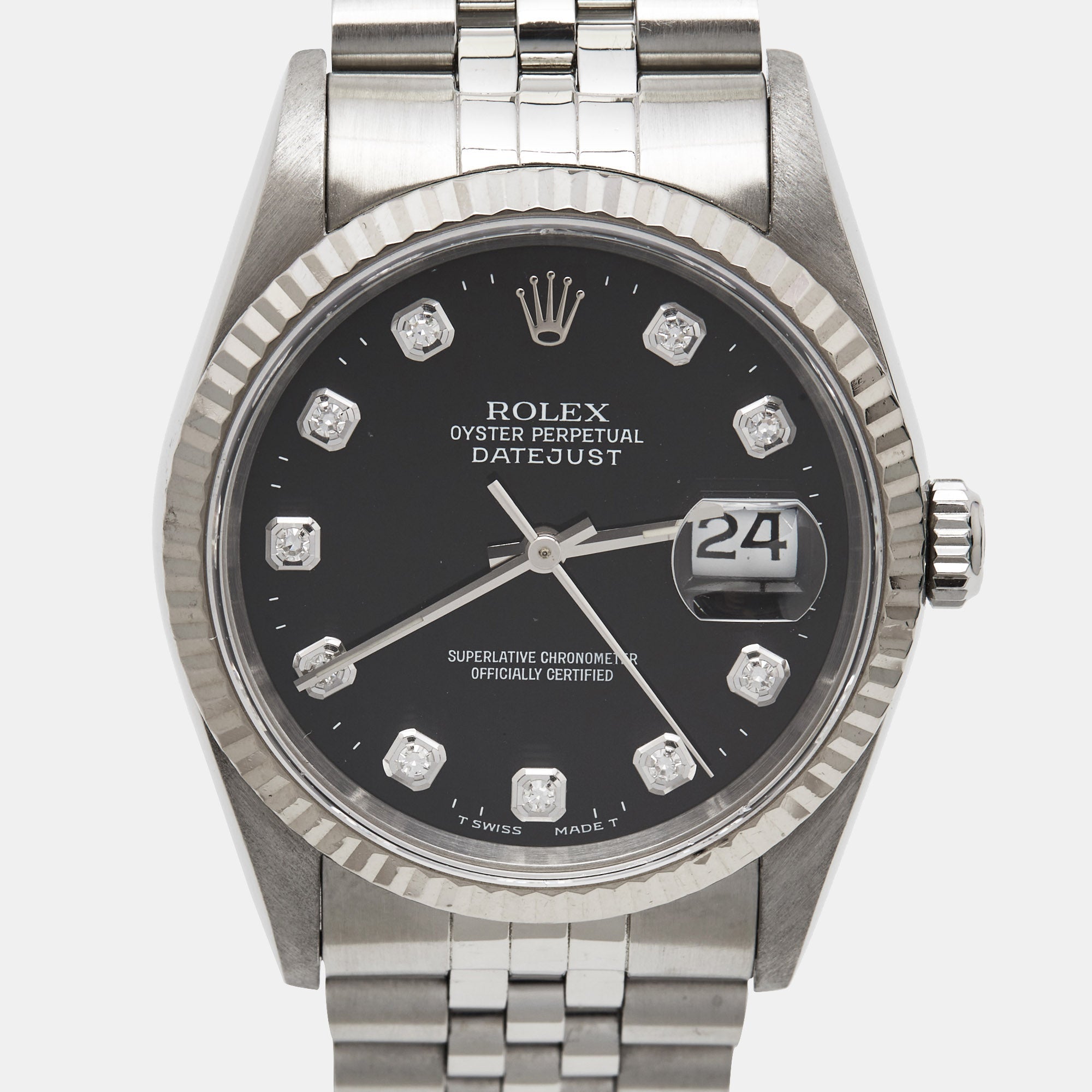 ROLEX Black 18K White Gold Stainless Steel Diamond Datejust 16234 Unisex Wristwatch 36 mm