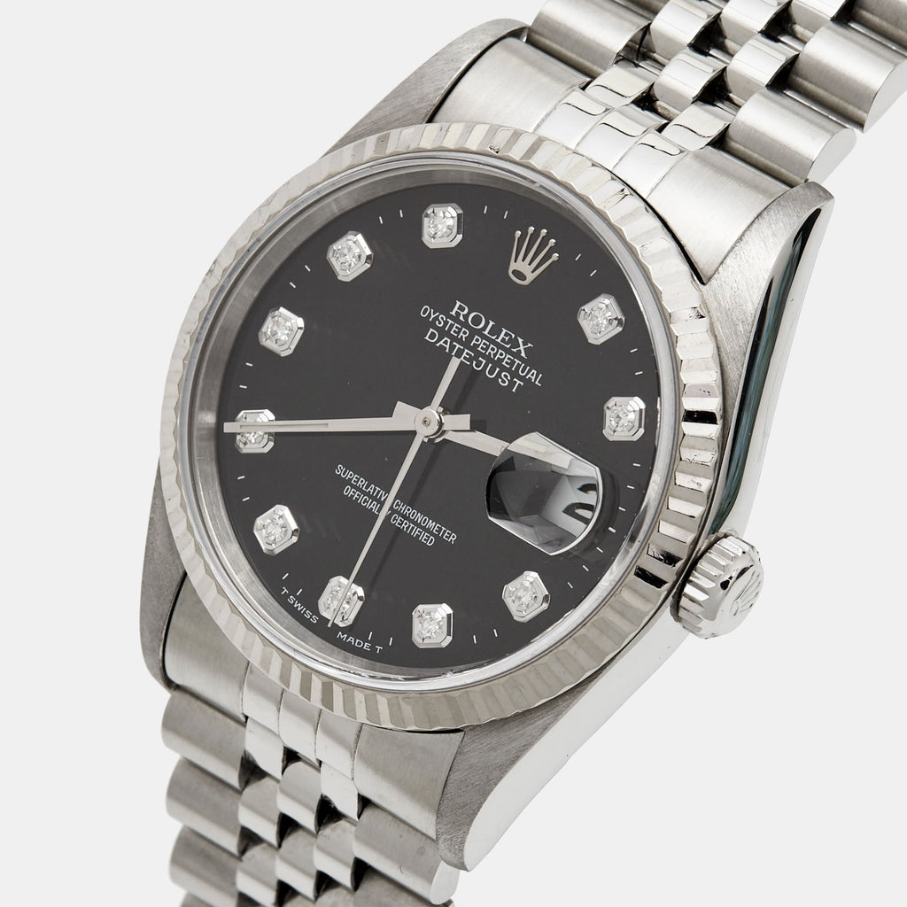 ROLEX Black 18K White Gold Stainless Steel Diamond Datejust 16234 Unisex Wristwatch 36 mm