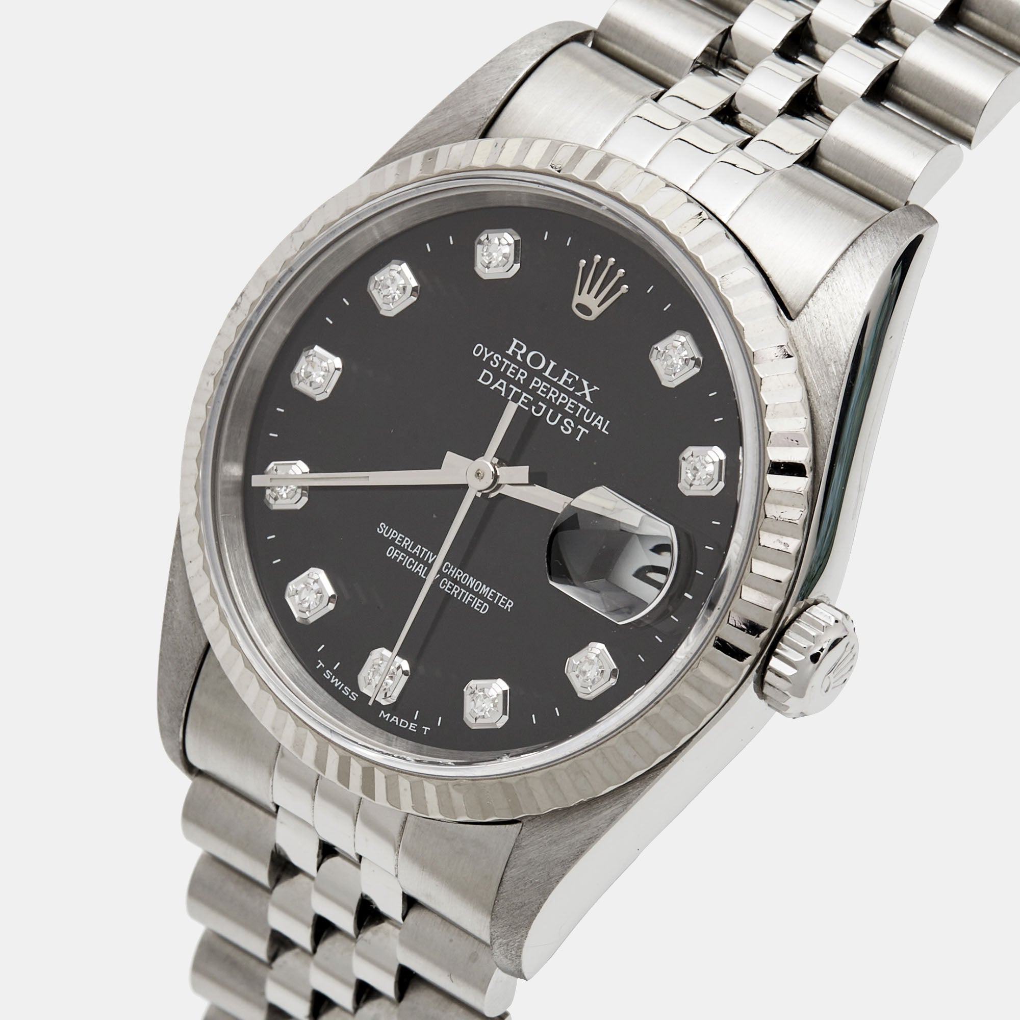 ROLEX Black 18K White Gold Stainless Steel Diamond Datejust 16234 Unisex Wristwatch 36 mm