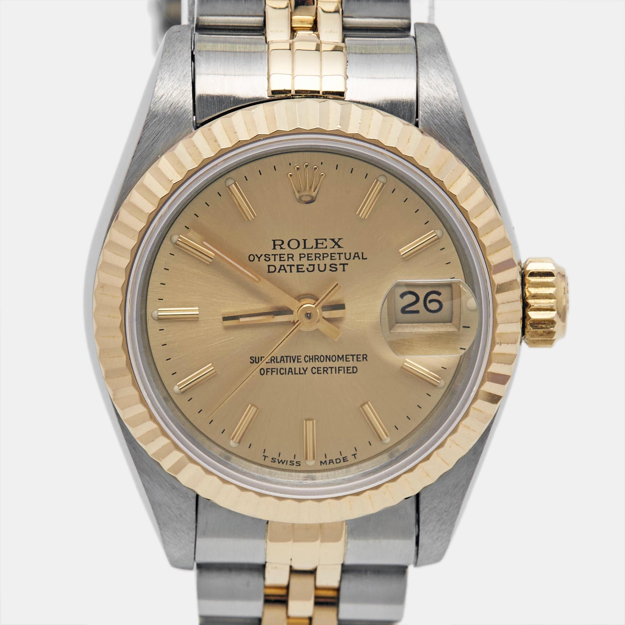 ROLEX Champagne 18k Yellow Gold Stainless Steel Datejust 69173 Women's Wristwatch 26 mm