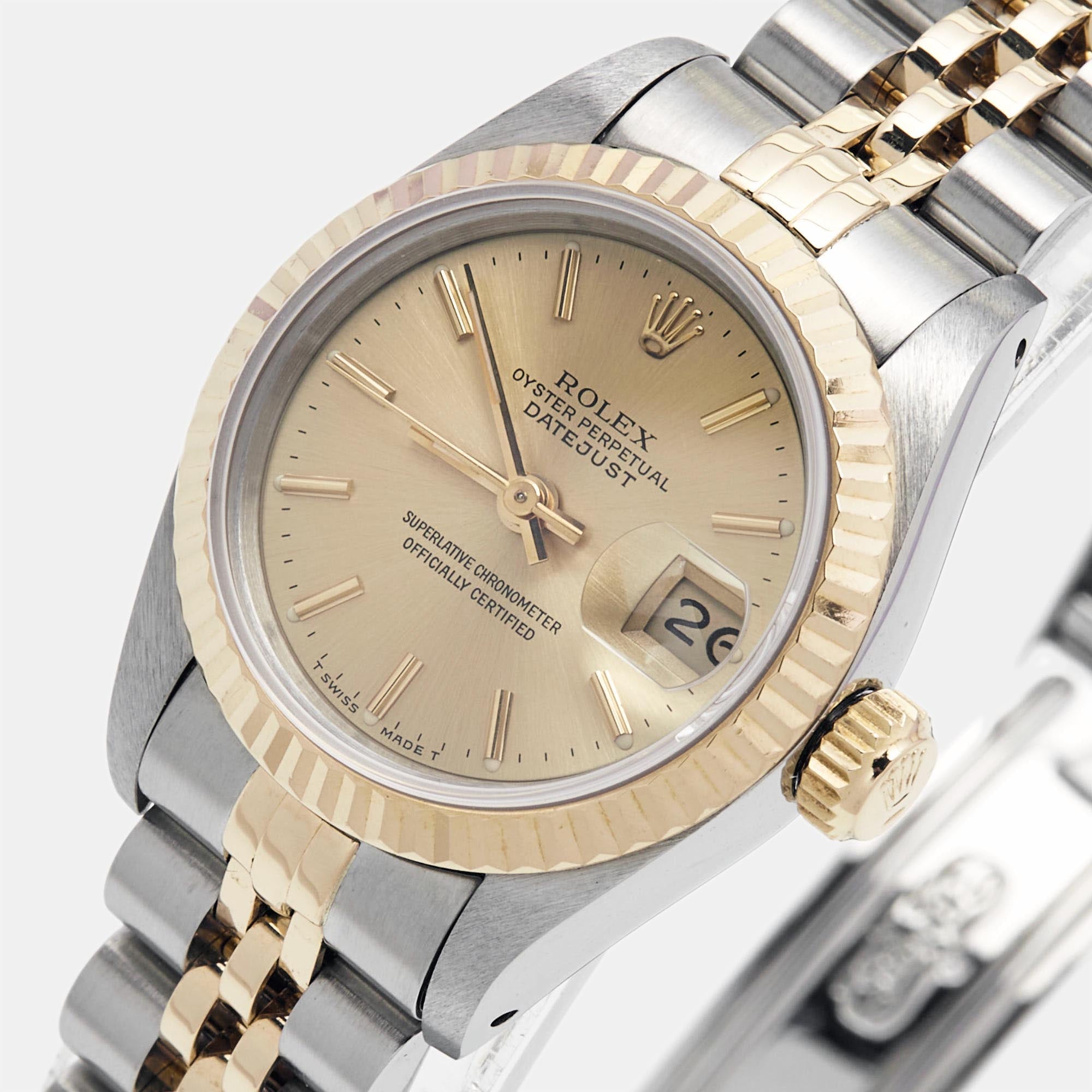 ROLEX Champagne 18k Yellow Gold Stainless Steel Datejust 69173 Women's Wristwatch 26 mm