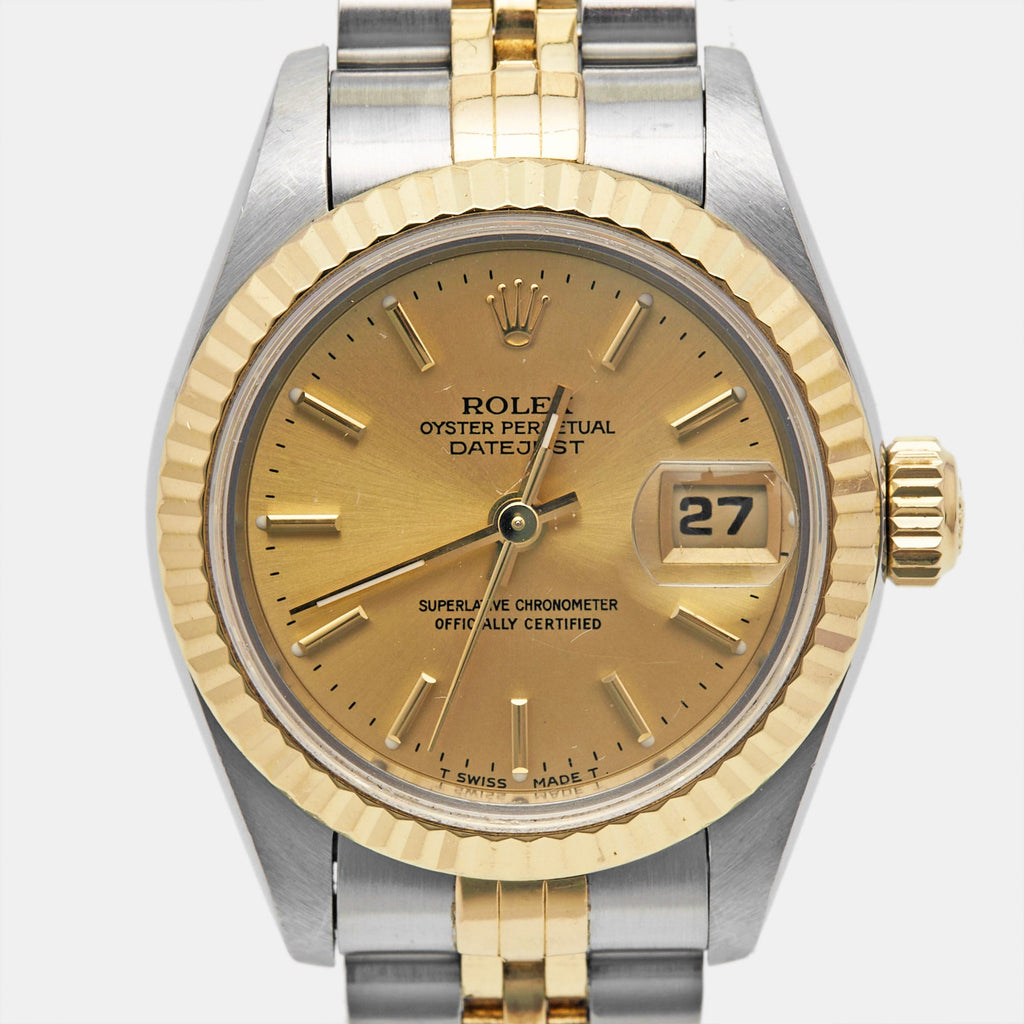 ROLEX Champagne 18k Yellow Gold Stainless Steel Datejust 69173 Women's Wristwatch 26 mm