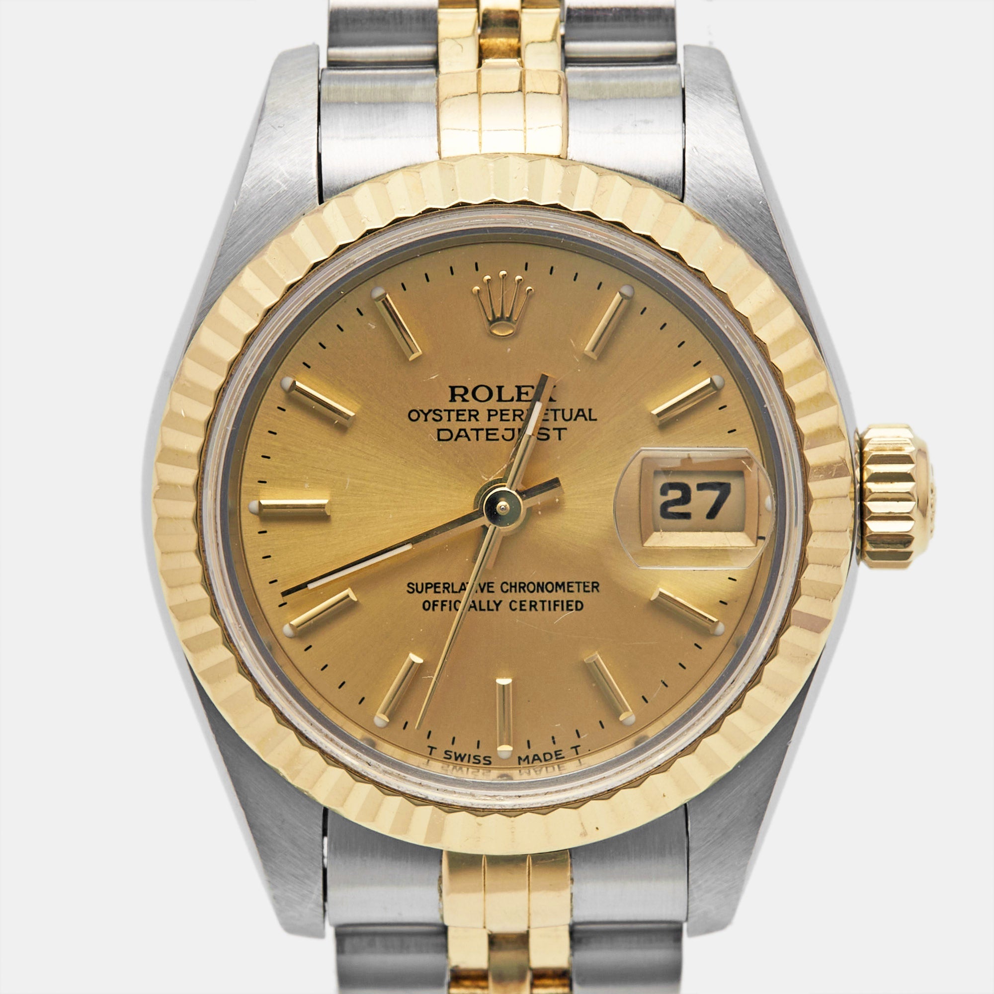 ROLEX Champagne 18k Yellow Gold Stainless Steel Datejust 69173 Women's Wristwatch 26 mm