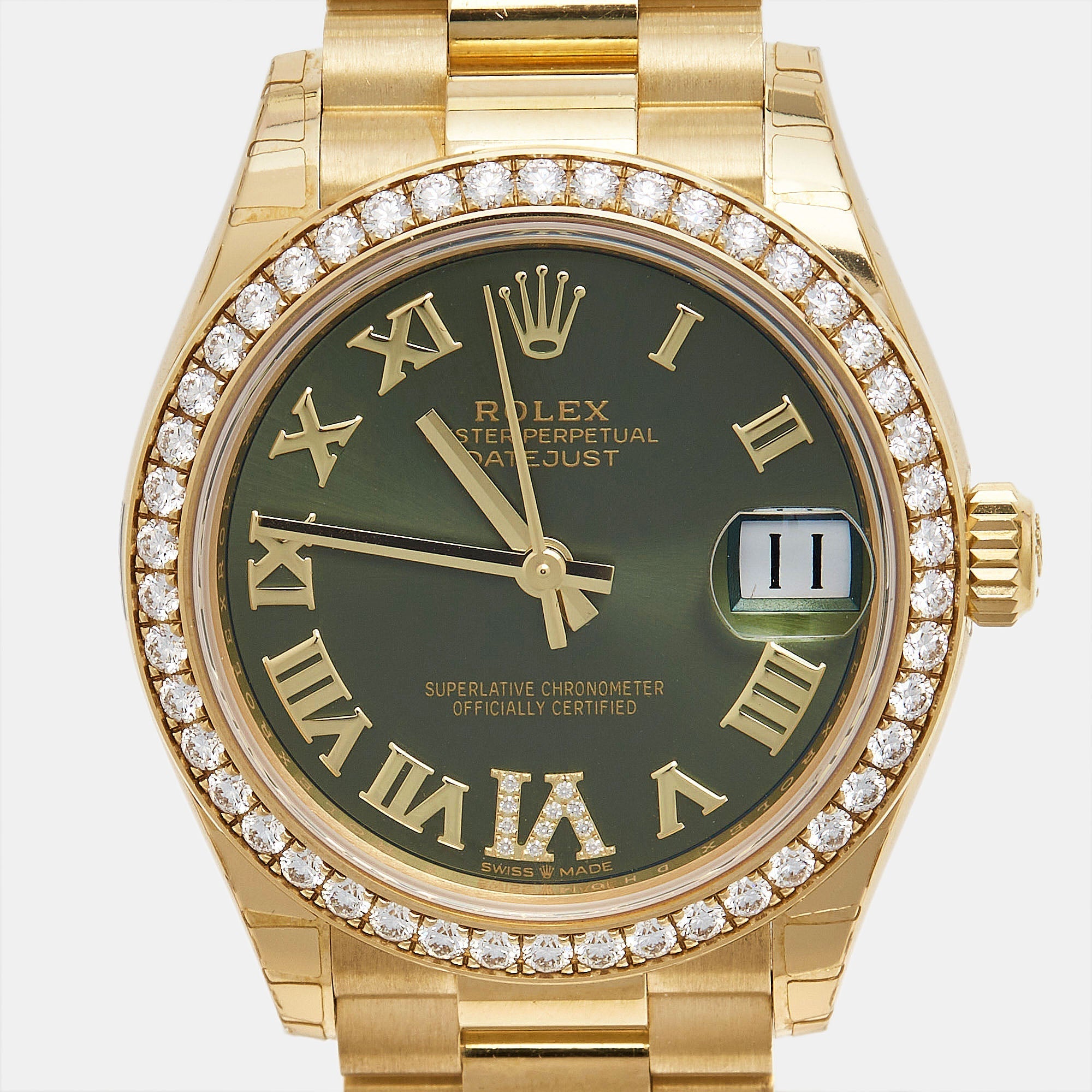 ROLEX Olive Green Diamond 18K Yellow Gold President Datejust 278288BRBR Women's Wristwatch 31 mm