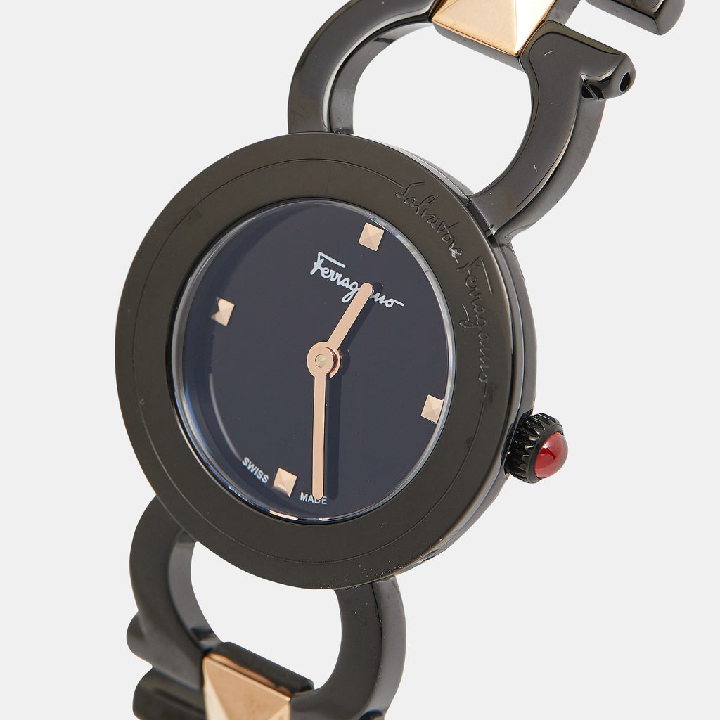 SALVATORE FERRAGAMO Black Two-Tone Stainless Steel Double Gancini SFMI00422 Women's Wristwatch 25 mm