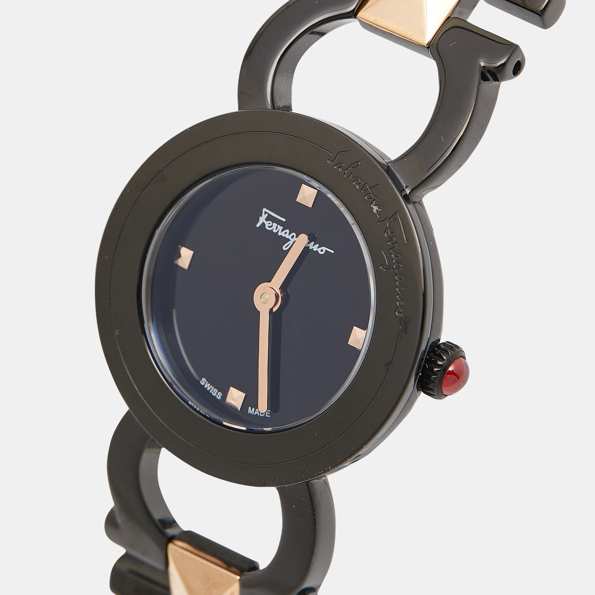 SALVATORE FERRAGAMO Black Two-Tone Stainless Steel Double Gancini SFMI00422 Women's Wristwatch 25 mm