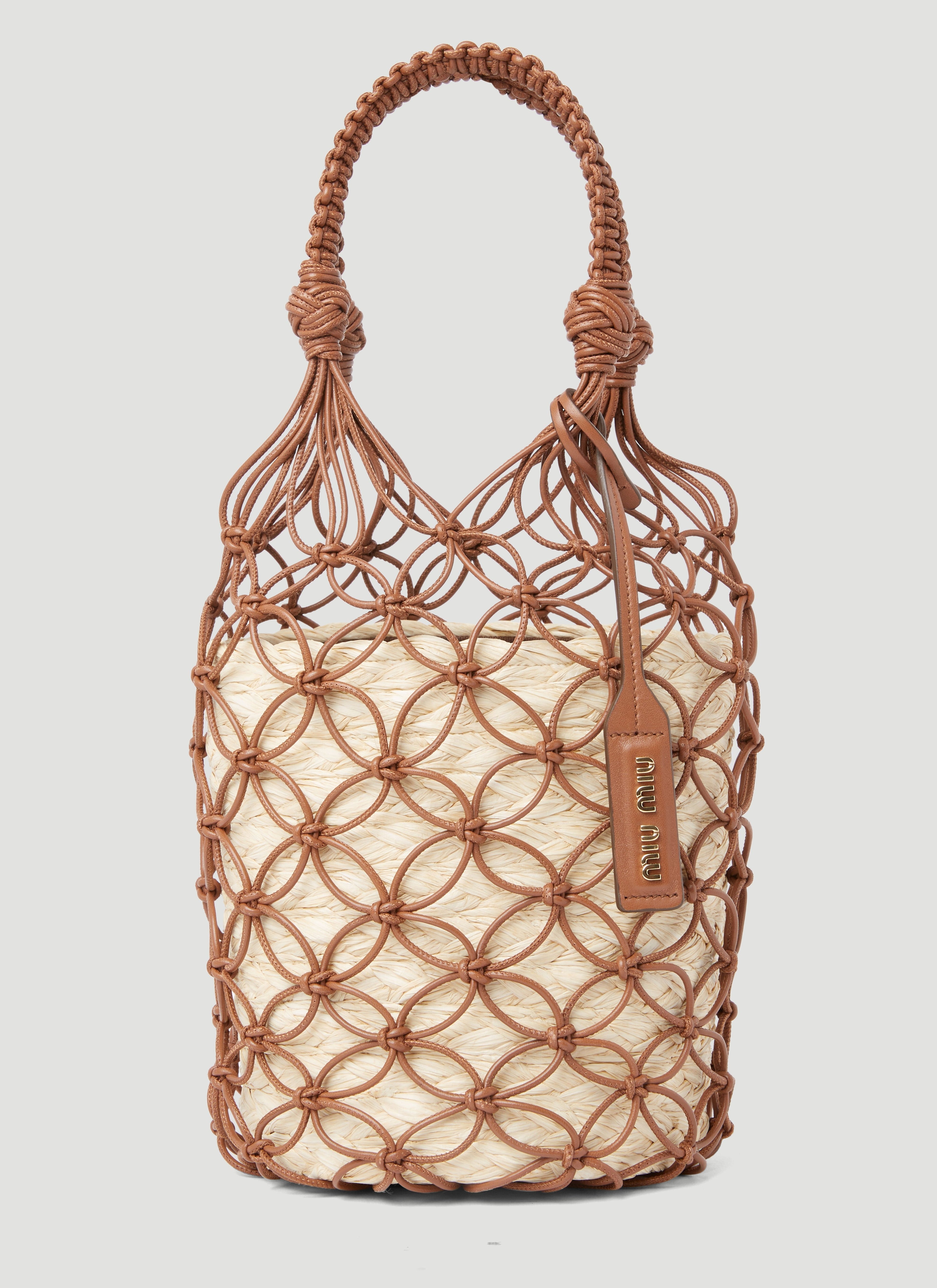 Miu Miu Women Leather Mesh And Straw Bucket Bag