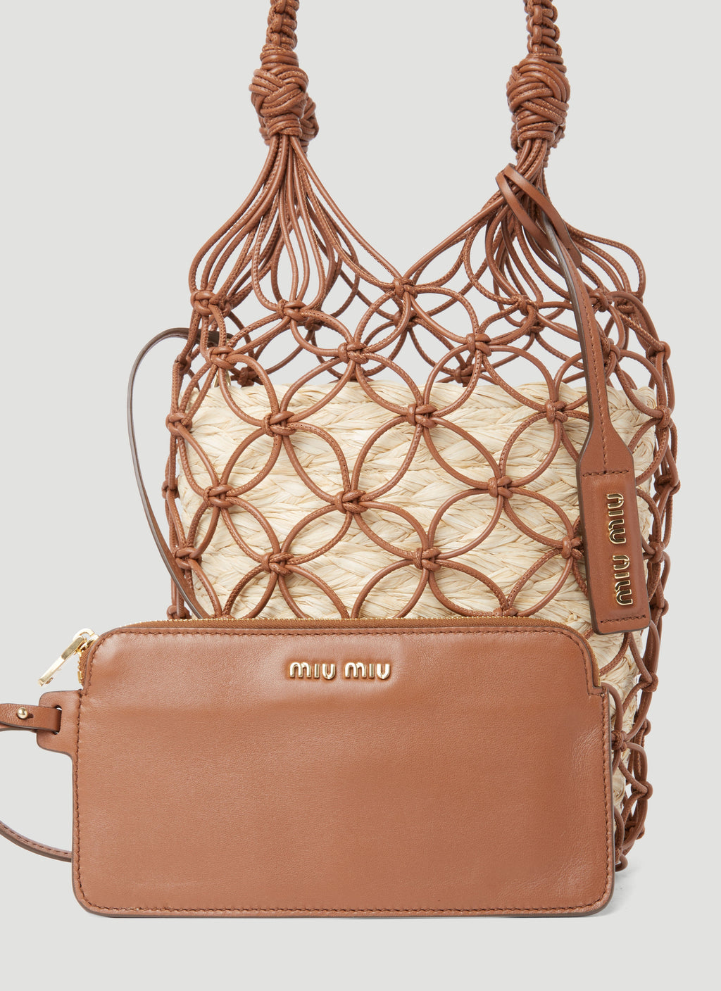 Miu Miu Women Leather Mesh And Straw Bucket Bag