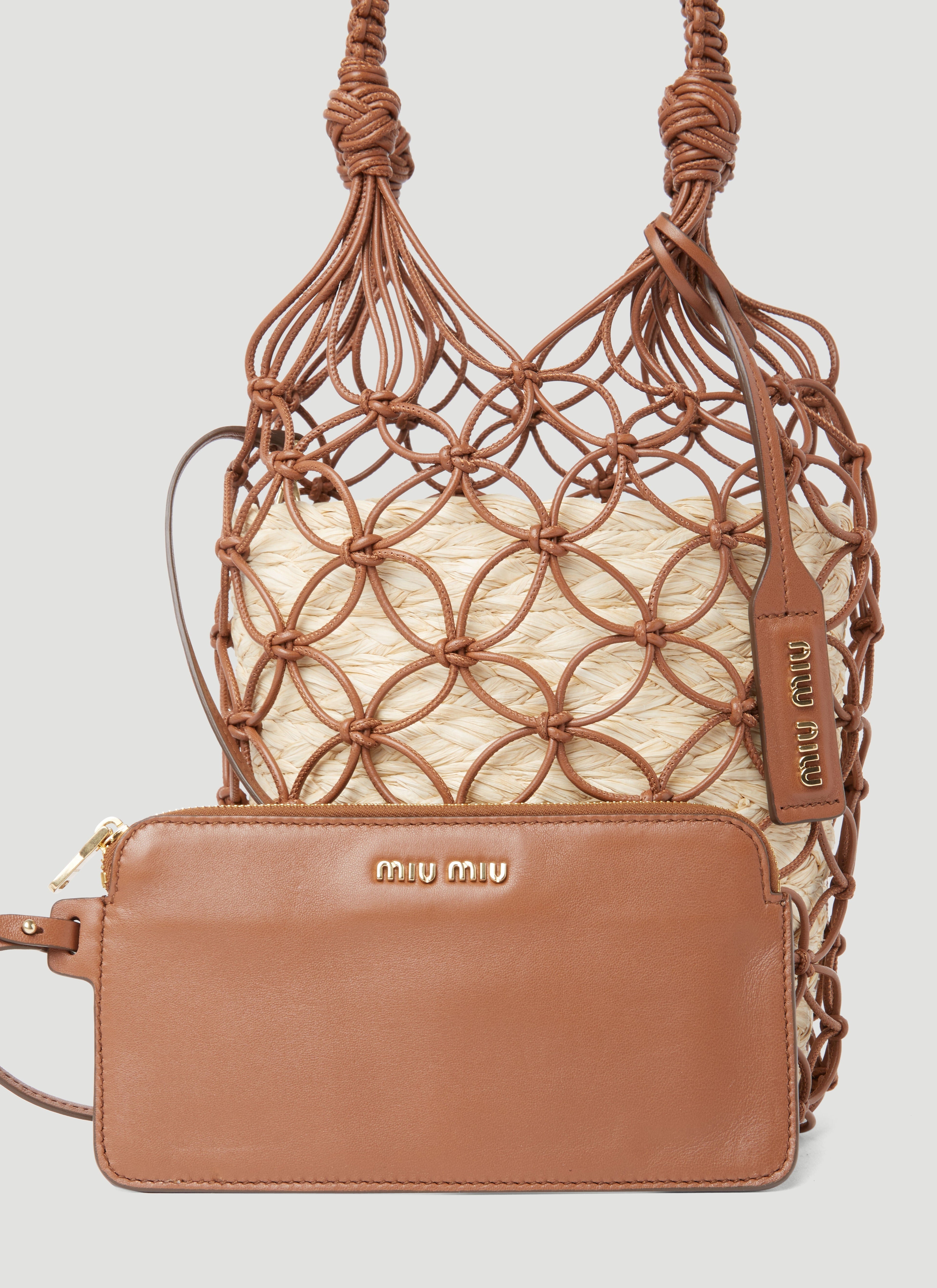 Miu Miu Women Leather Mesh And Straw Bucket Bag
