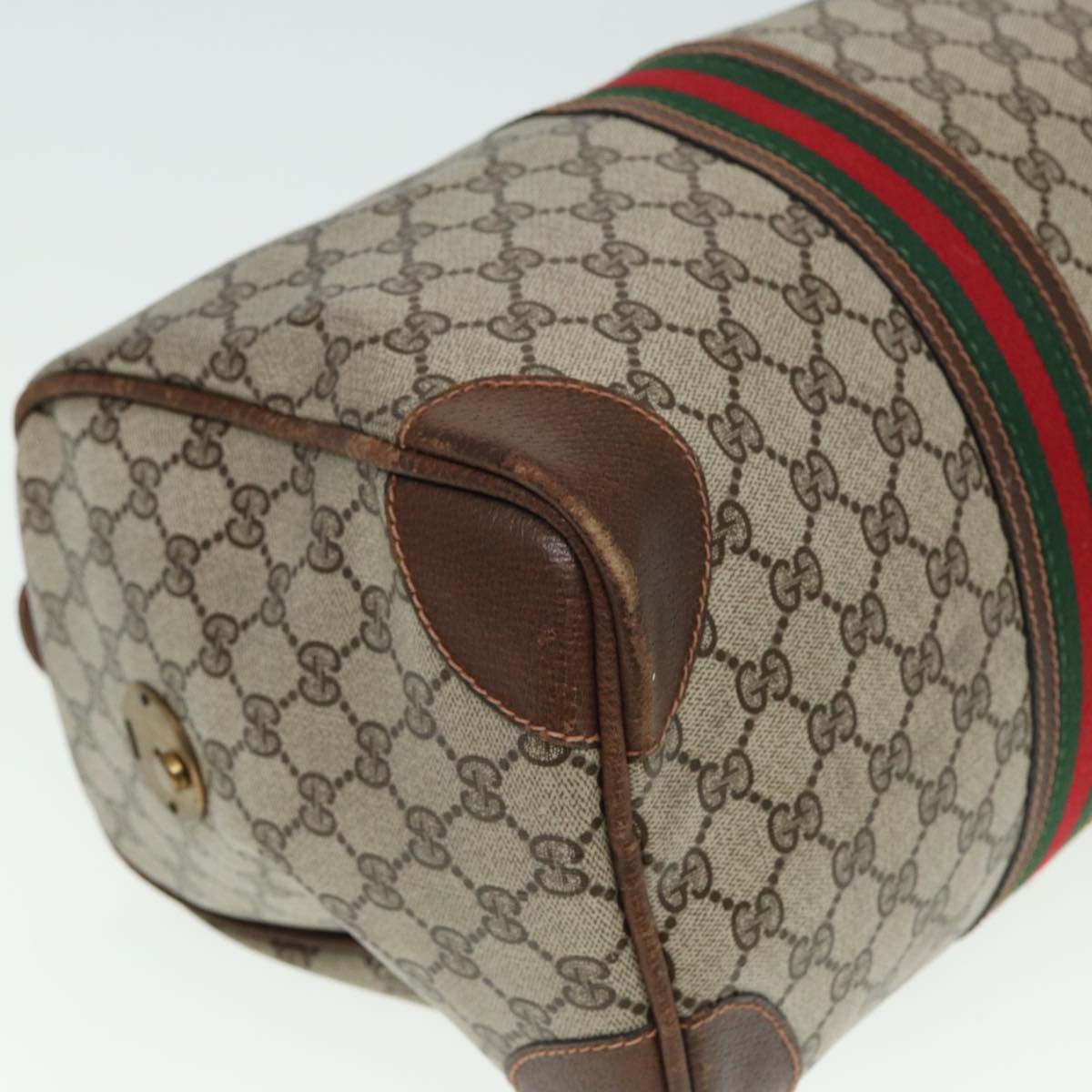 GUCCI GG Supreme Web Sherry Line Boston Bag PVC Leather Beige Red mr334