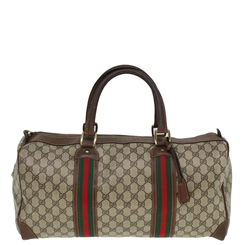 GUCCI GG Supreme Web Sherry Line Boston Bag PVC Leather Beige Red mr334