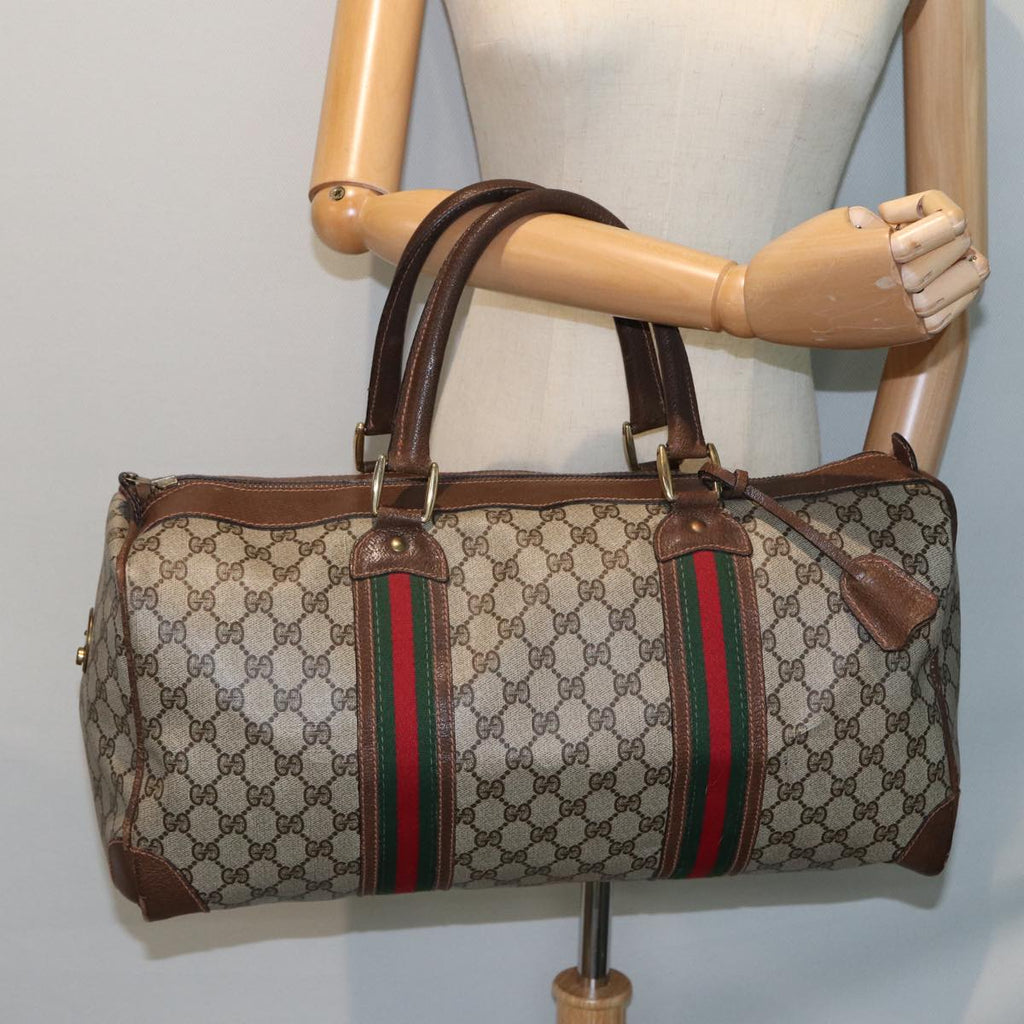 GUCCI GG Supreme Web Sherry Line Boston Bag PVC Leather Beige Red mr334