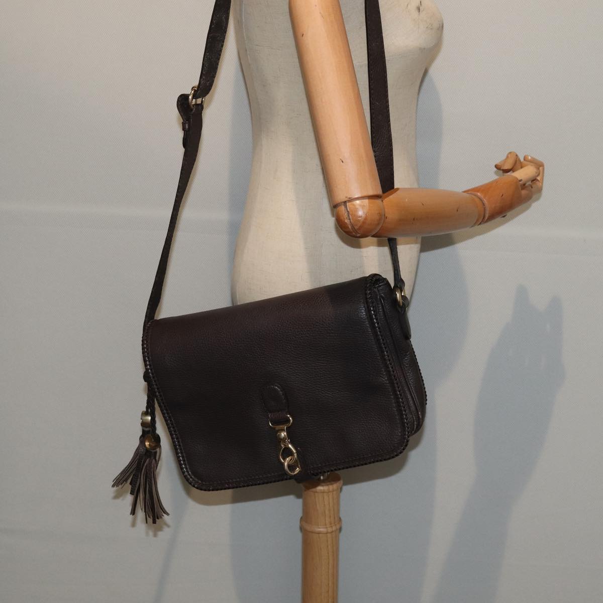 GUCCI Shoulder Bag Leather Brown Gold mr405
