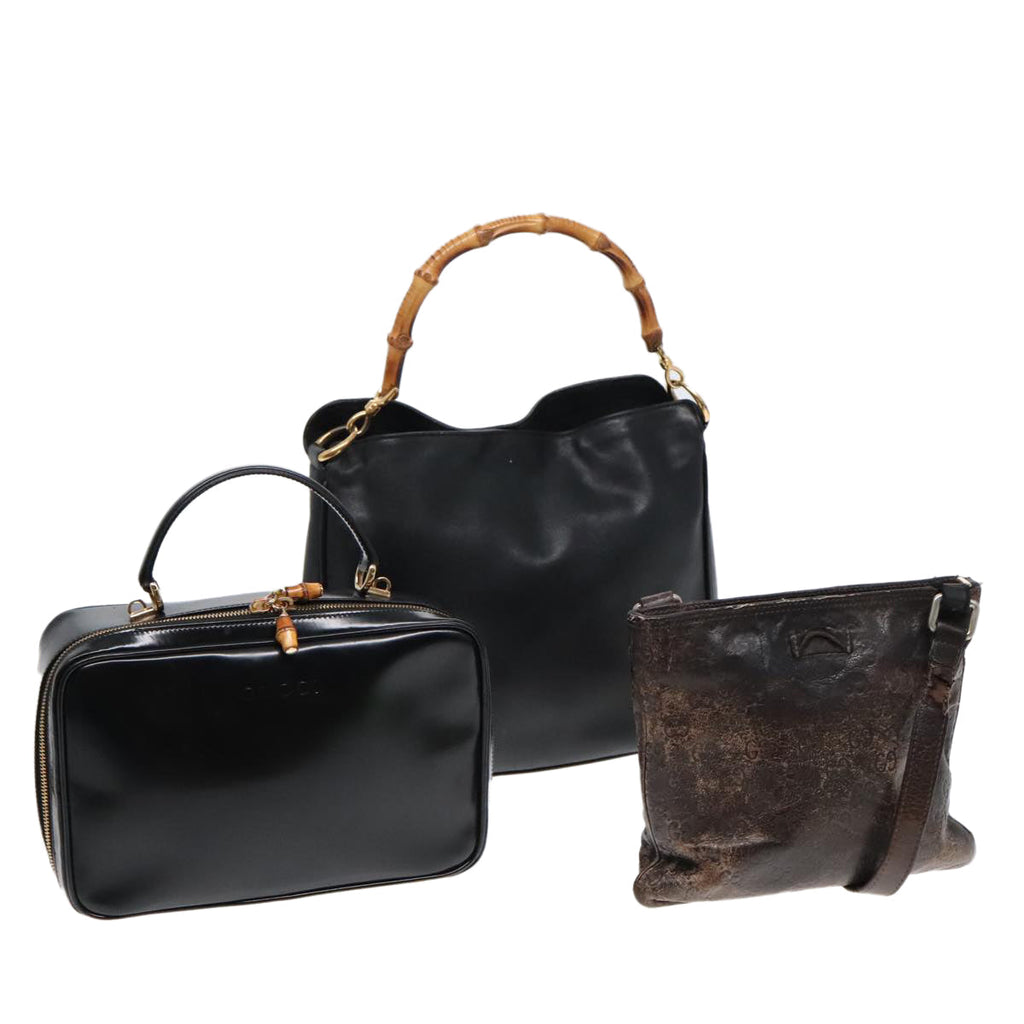 GUCCI GG Canvas Bamboo Shoulder Bag Leather 3Set Black Gold mr461