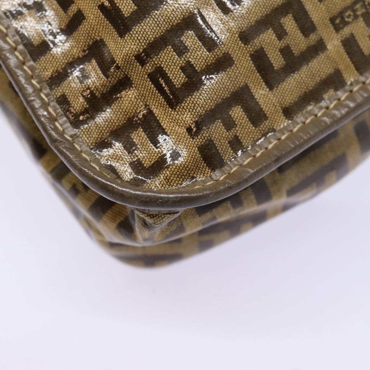FENDI Zucchino Canvas Shoulder Bag Brown Silver mr463