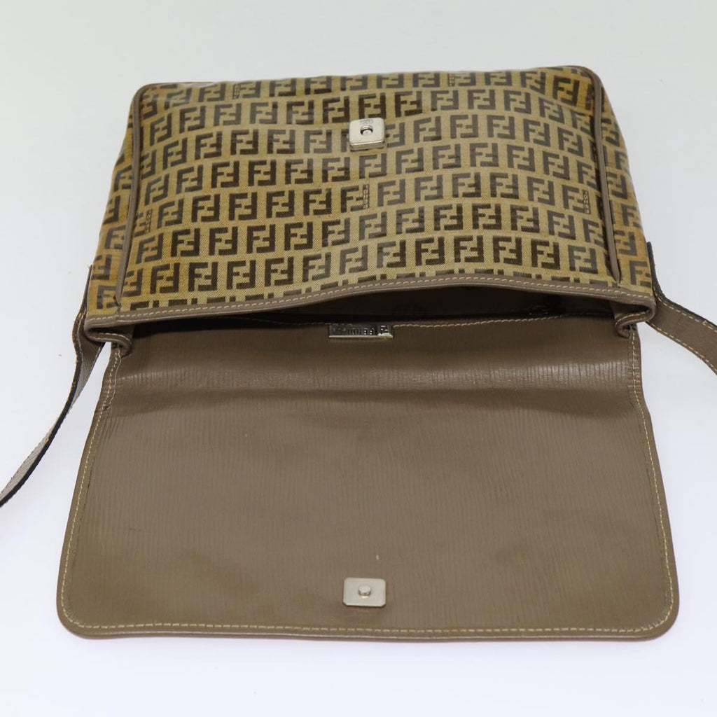 FENDI Zucchino Canvas Shoulder Bag Brown Silver mr463