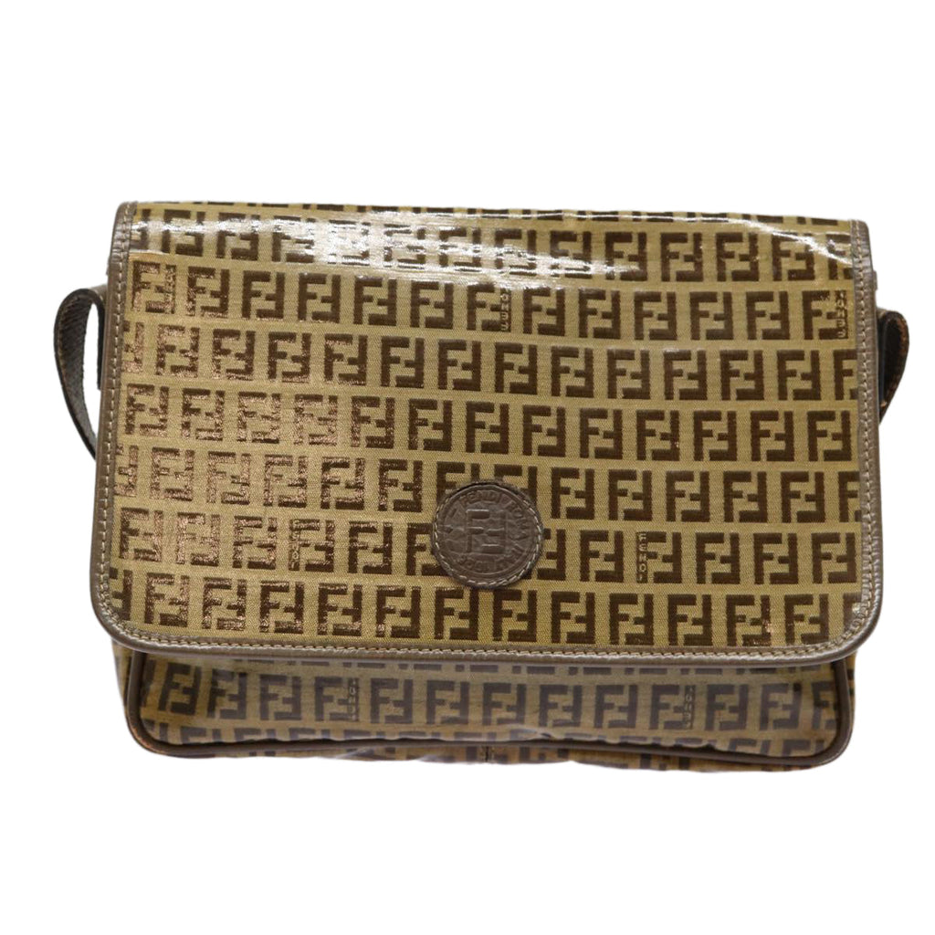 FENDI Zucchino Canvas Shoulder Bag Brown Silver mr463