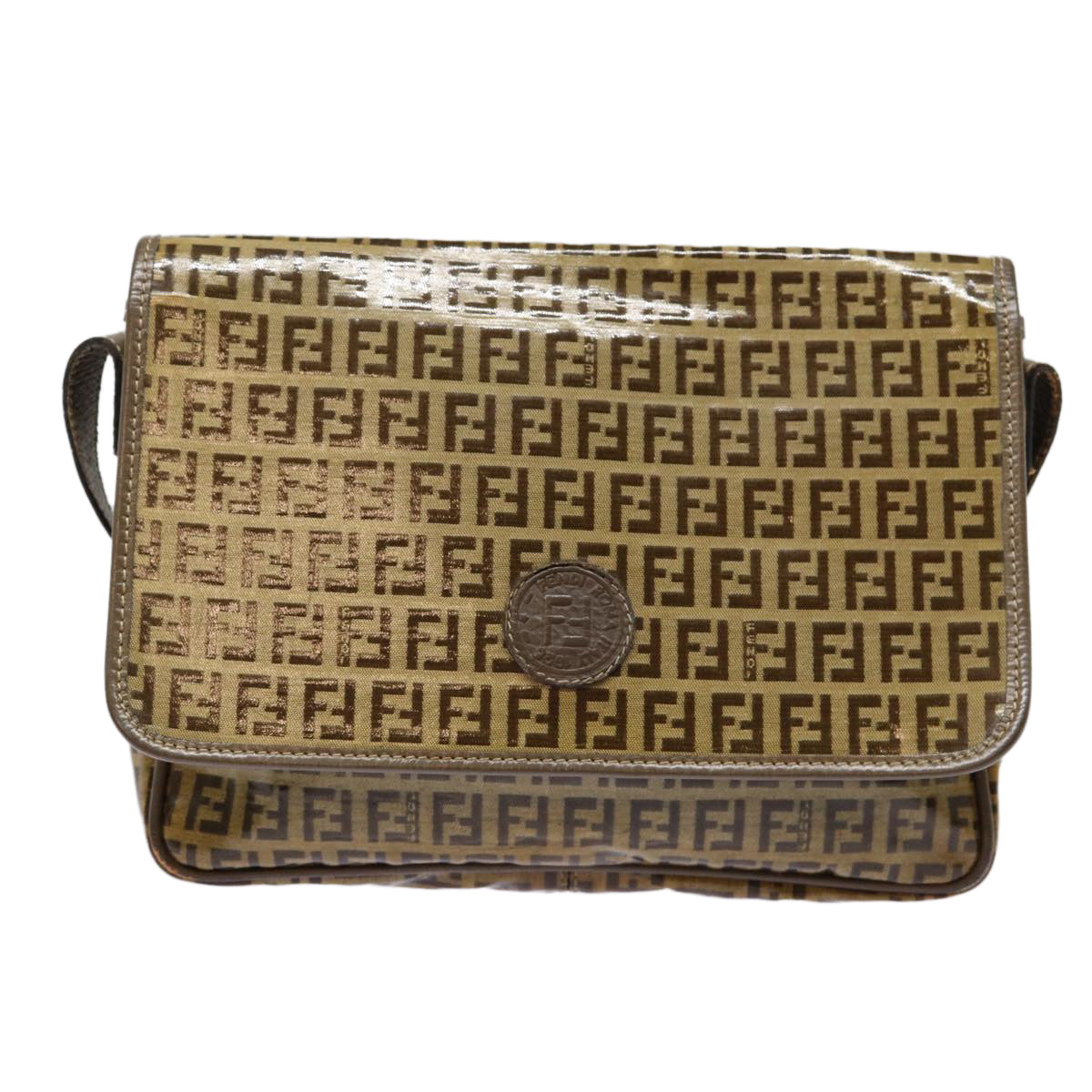 FENDI Zucchino Canvas Shoulder Bag Brown Silver mr463