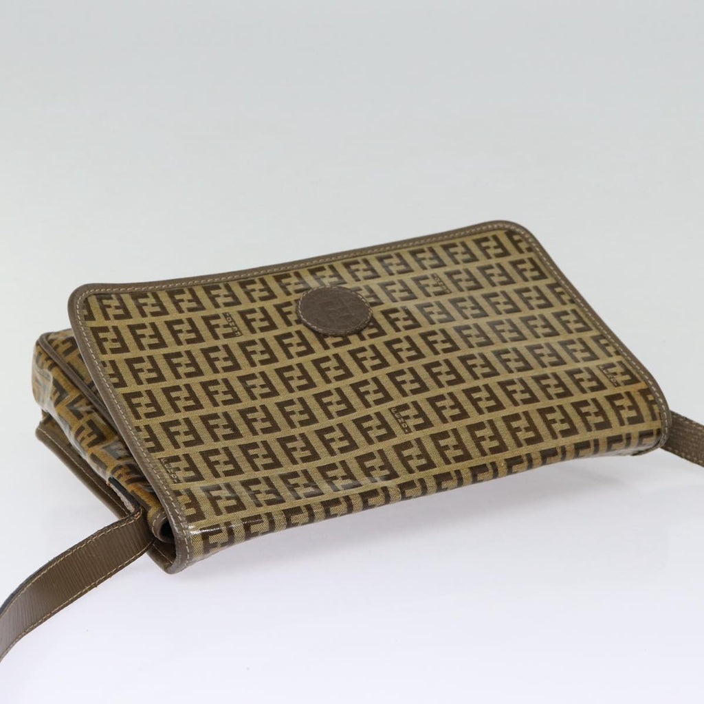 FENDI Zucchino Canvas Shoulder Bag Brown Silver mr463