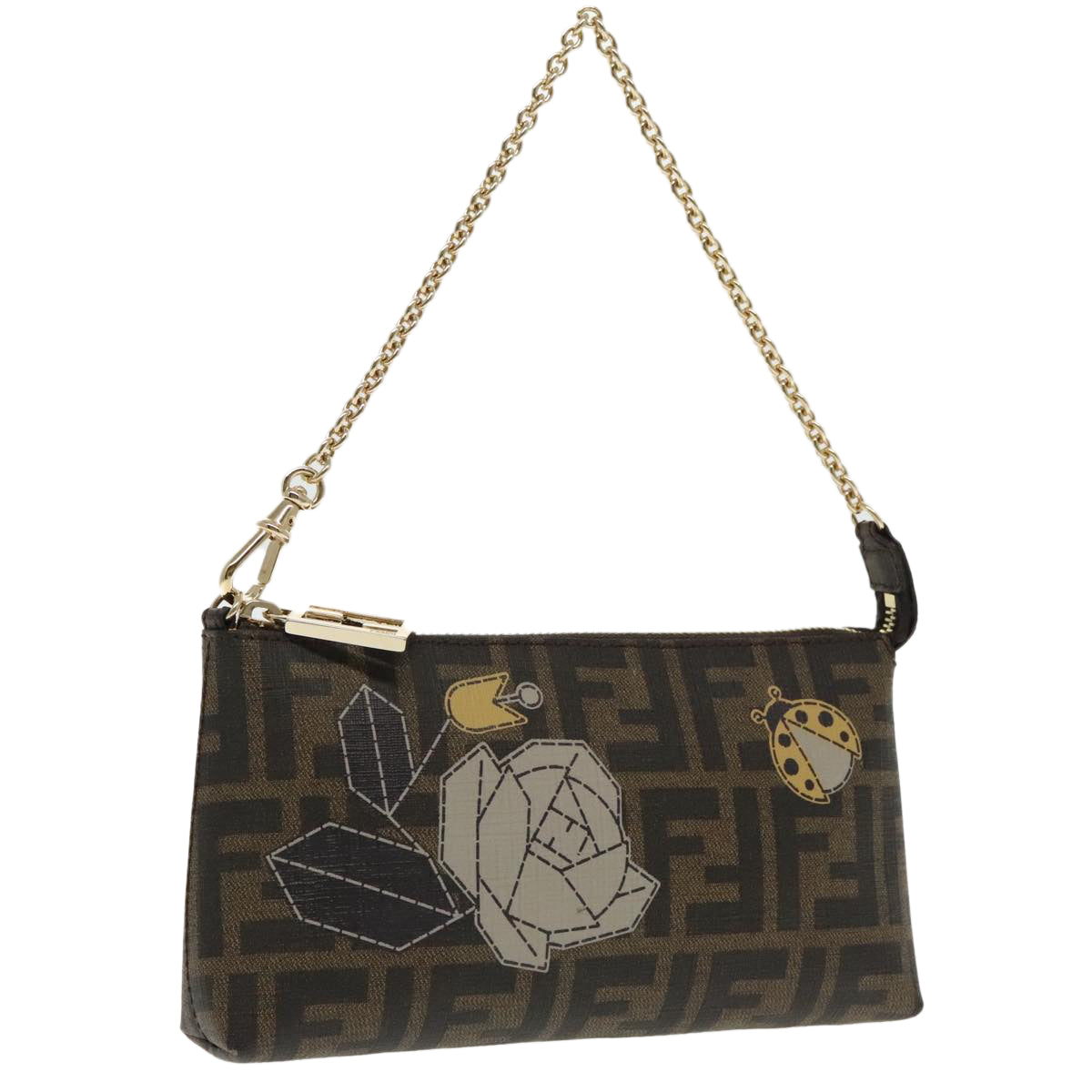 FENDI Zucca Canvas Chain Ladybug Accessory Pouch Brown Black mr567A