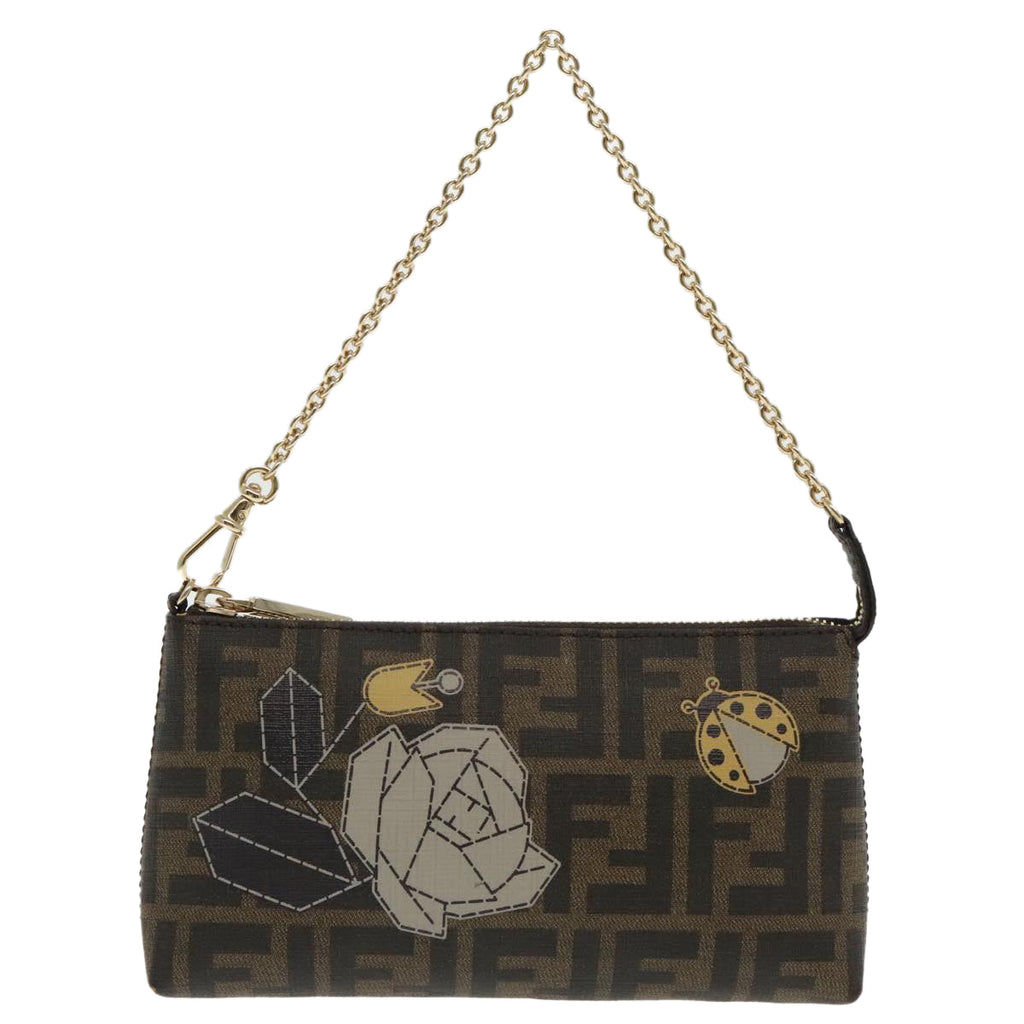 FENDI Zucca Canvas Chain Ladybug Accessory Pouch Brown Black mr567A