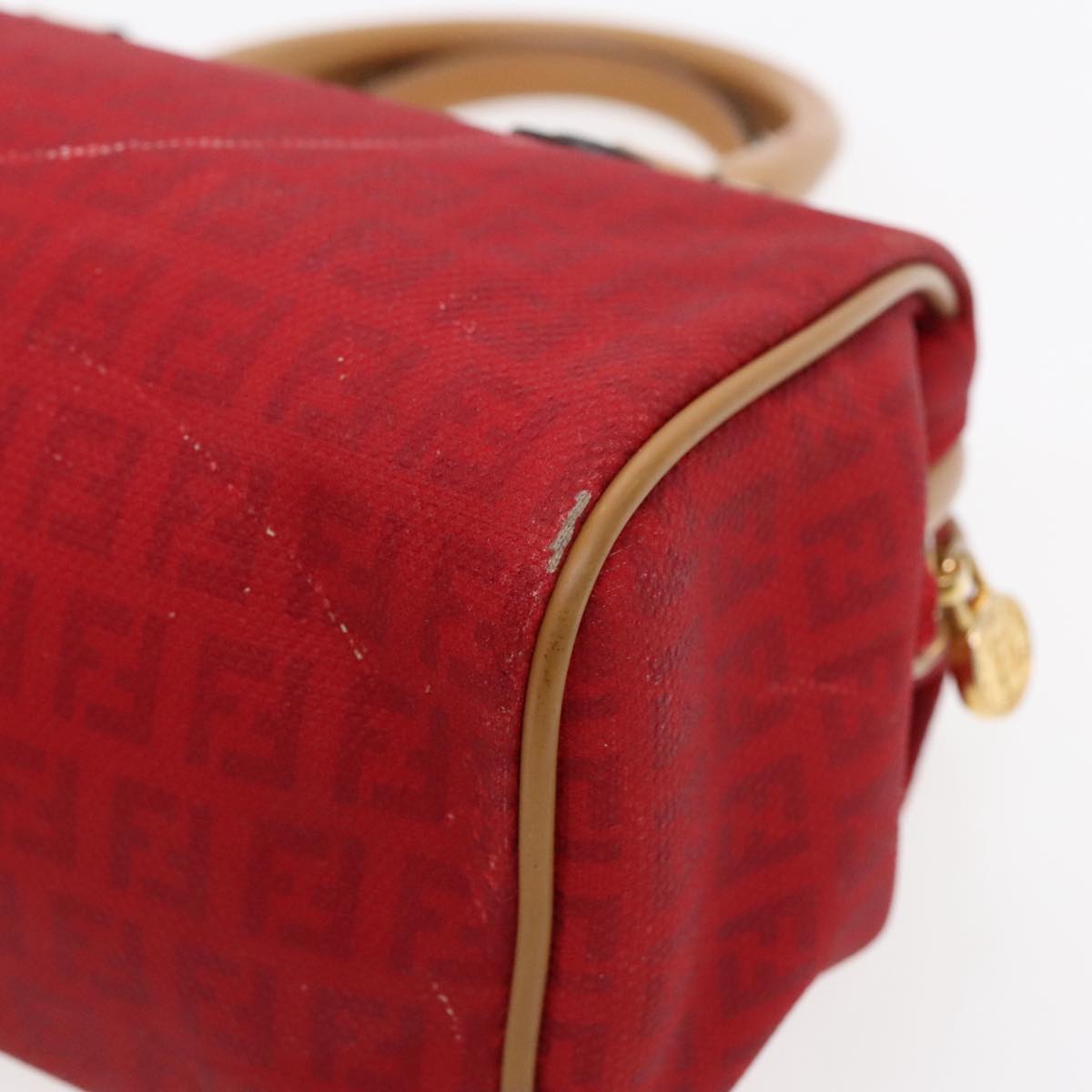 FENDI Zucchino Canvas Hand Bag 2way Red Brown Gold mr568