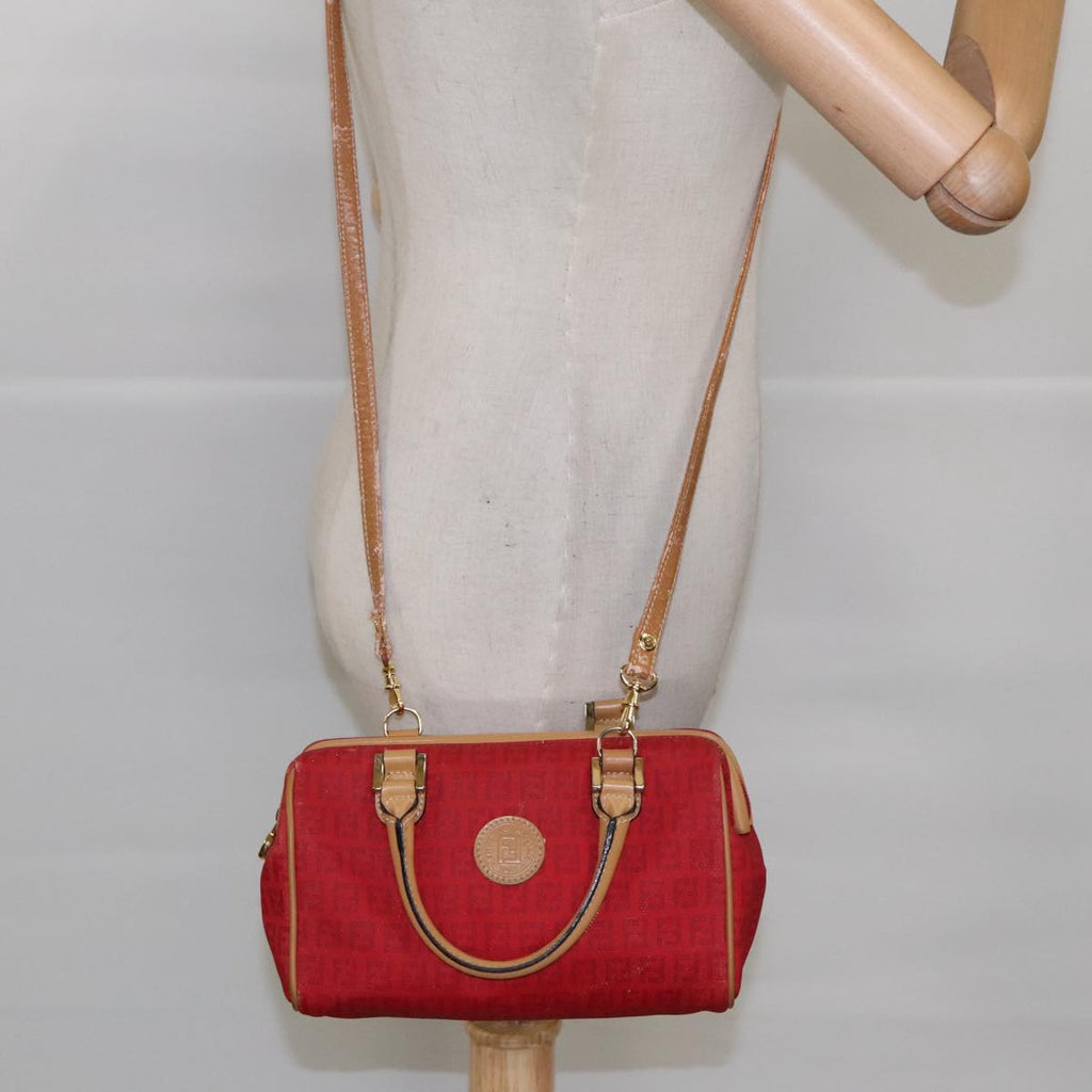 FENDI Zucchino Canvas Hand Bag 2way Red Brown Gold mr568
