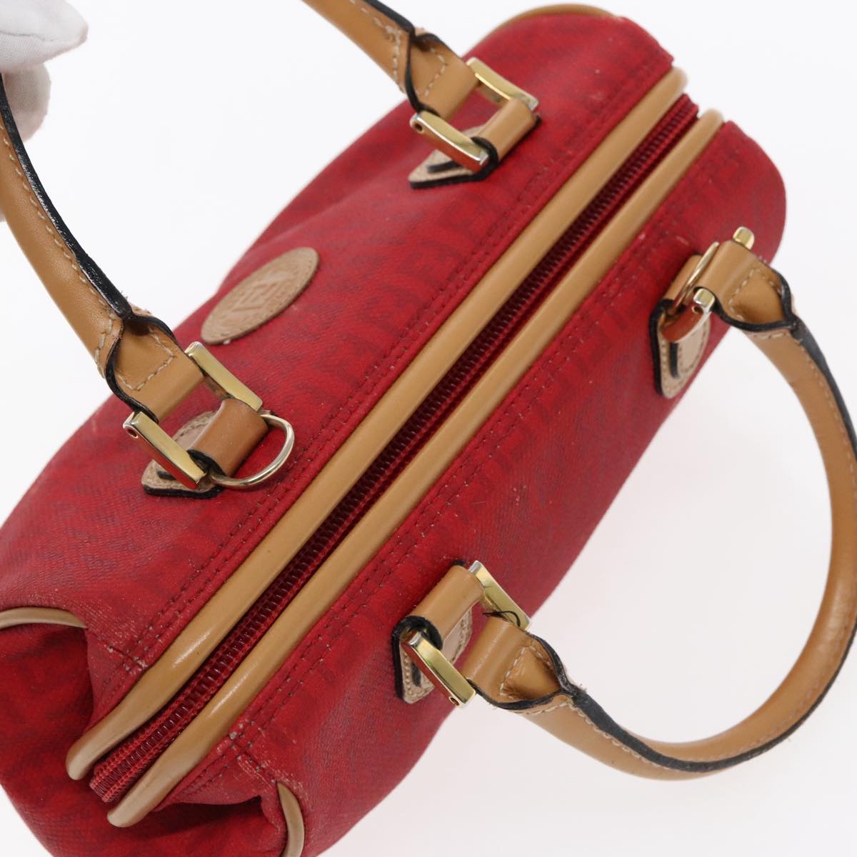 FENDI Zucchino Canvas Hand Bag 2way Red Brown Gold mr568