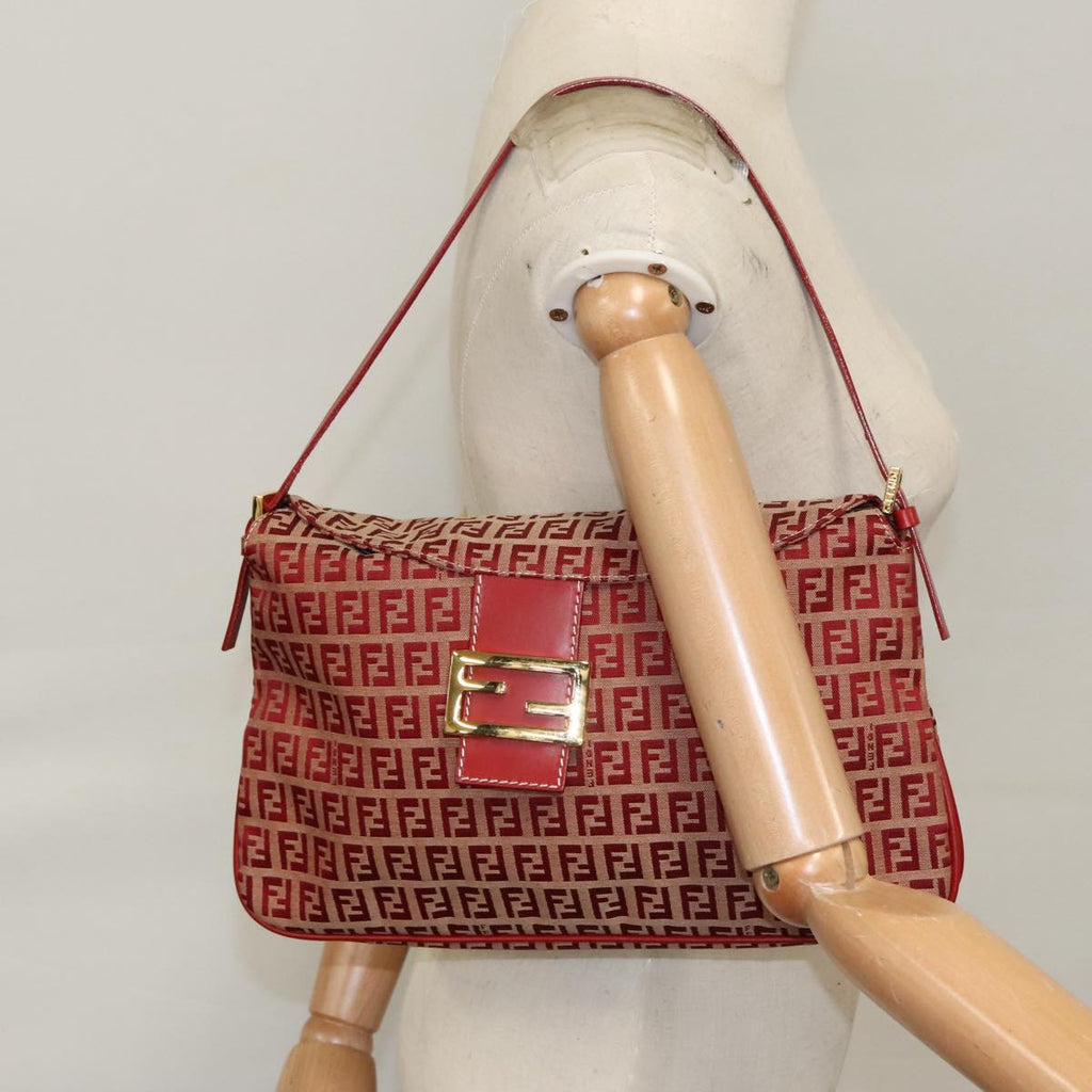 FENDI Zucchino Canvas Shoulder Bag Red Gold mr834A