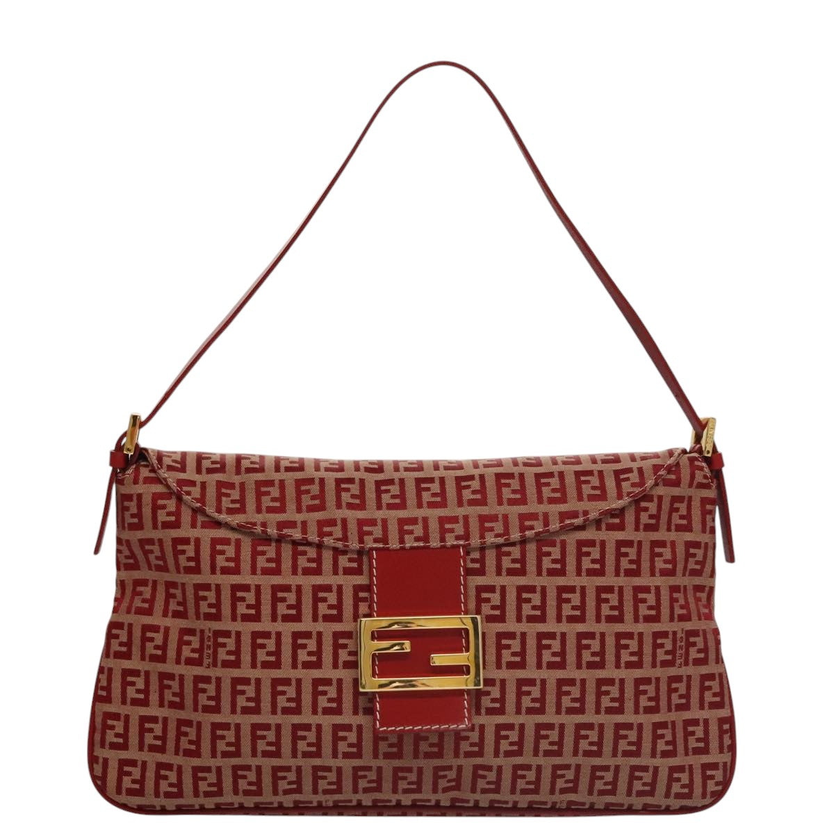 FENDI Zucchino Canvas Shoulder Bag Red Gold mr834A