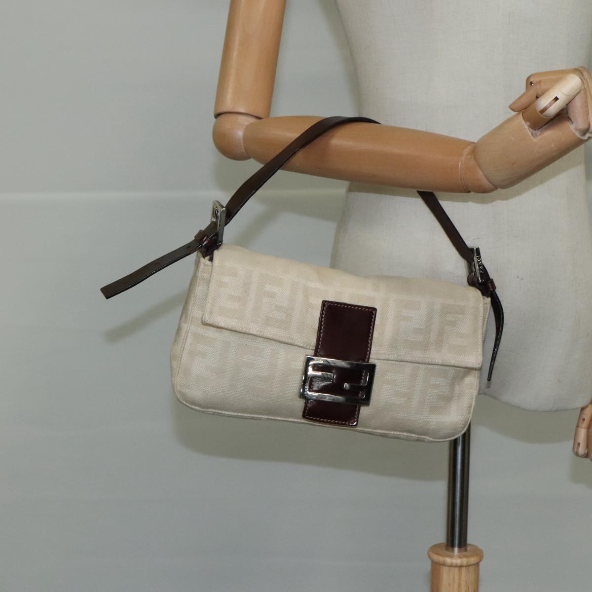 FENDI Zucca Canvas Mamma Baguette Shoulder Bag Beige mr875