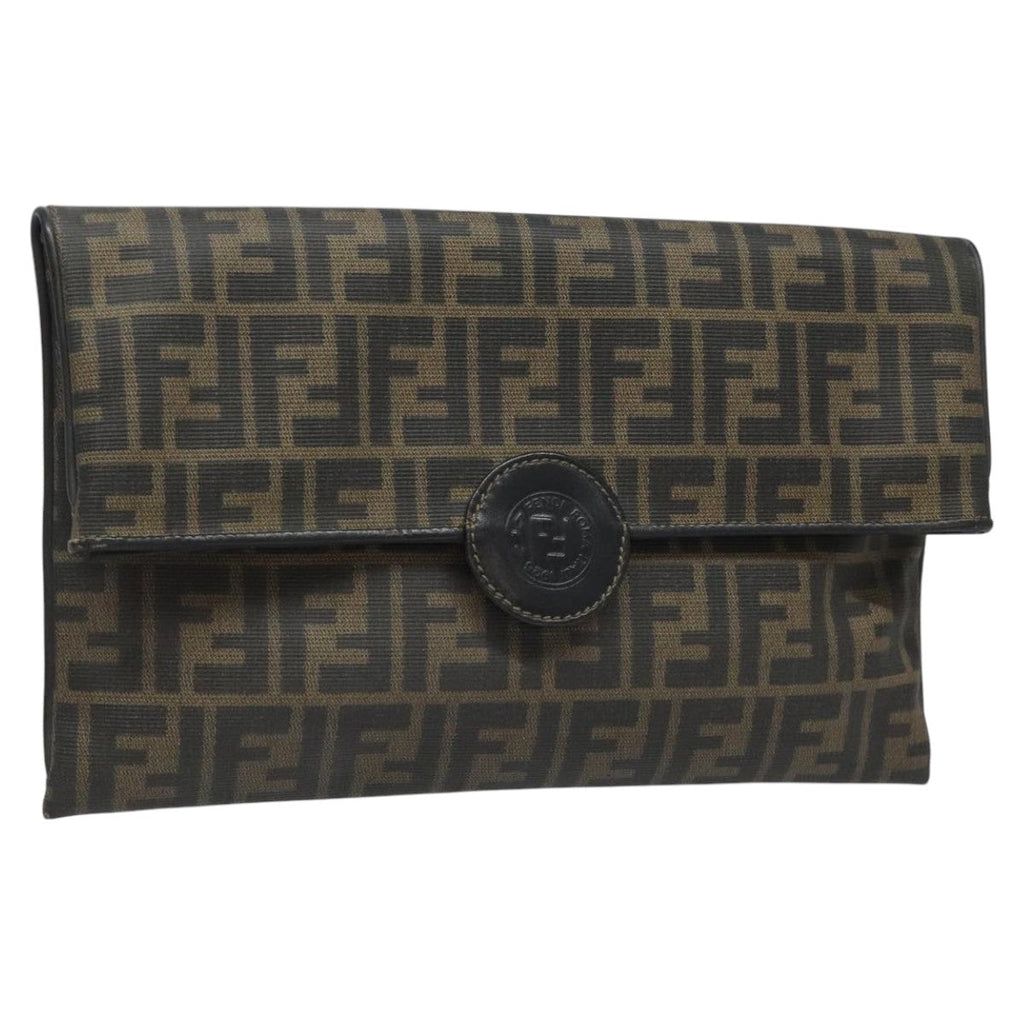 FENDI Zucca Canvas Clutch Bag PVC Brown Black gold mr981