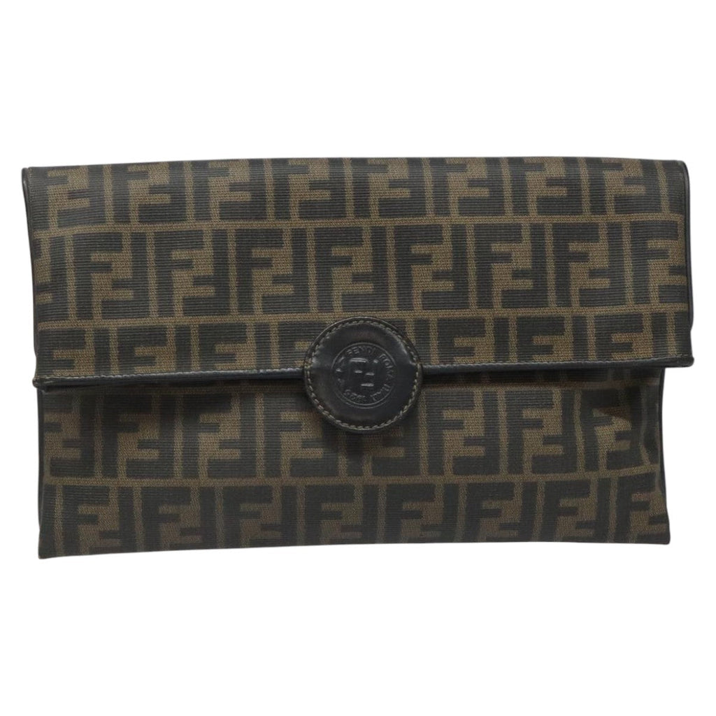 FENDI Zucca Canvas Clutch Bag PVC Brown Black gold mr981