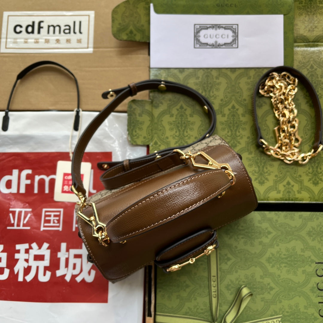 Glami OphiGLAMIa Glami Horsebit 1955 Mini Bag Light Brown And Beige For Women, Women’s Bags 8.6in/22cm Glami 703848 9AAAJ 8563