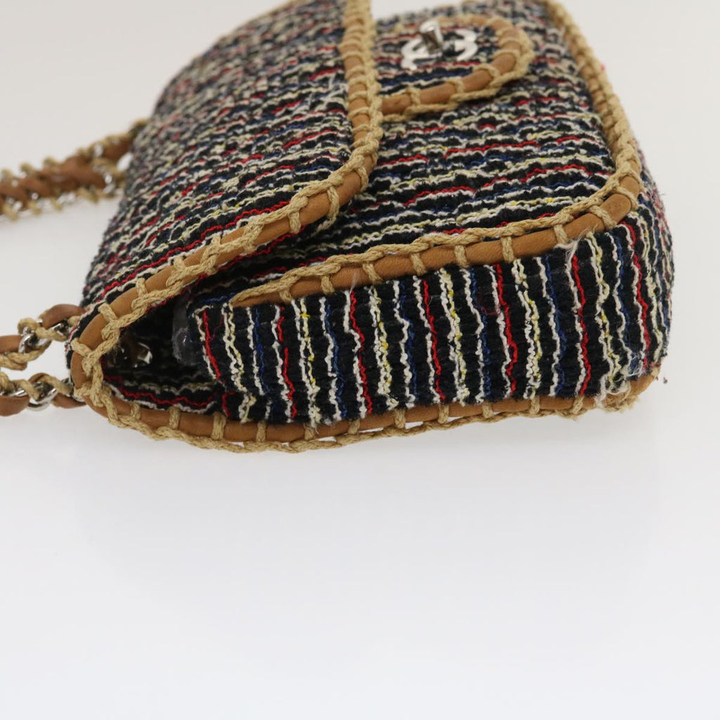 CHANEL Matelasse Tweed Turn Lock Chain Shoulder Bag Navy Brown CC nh616A