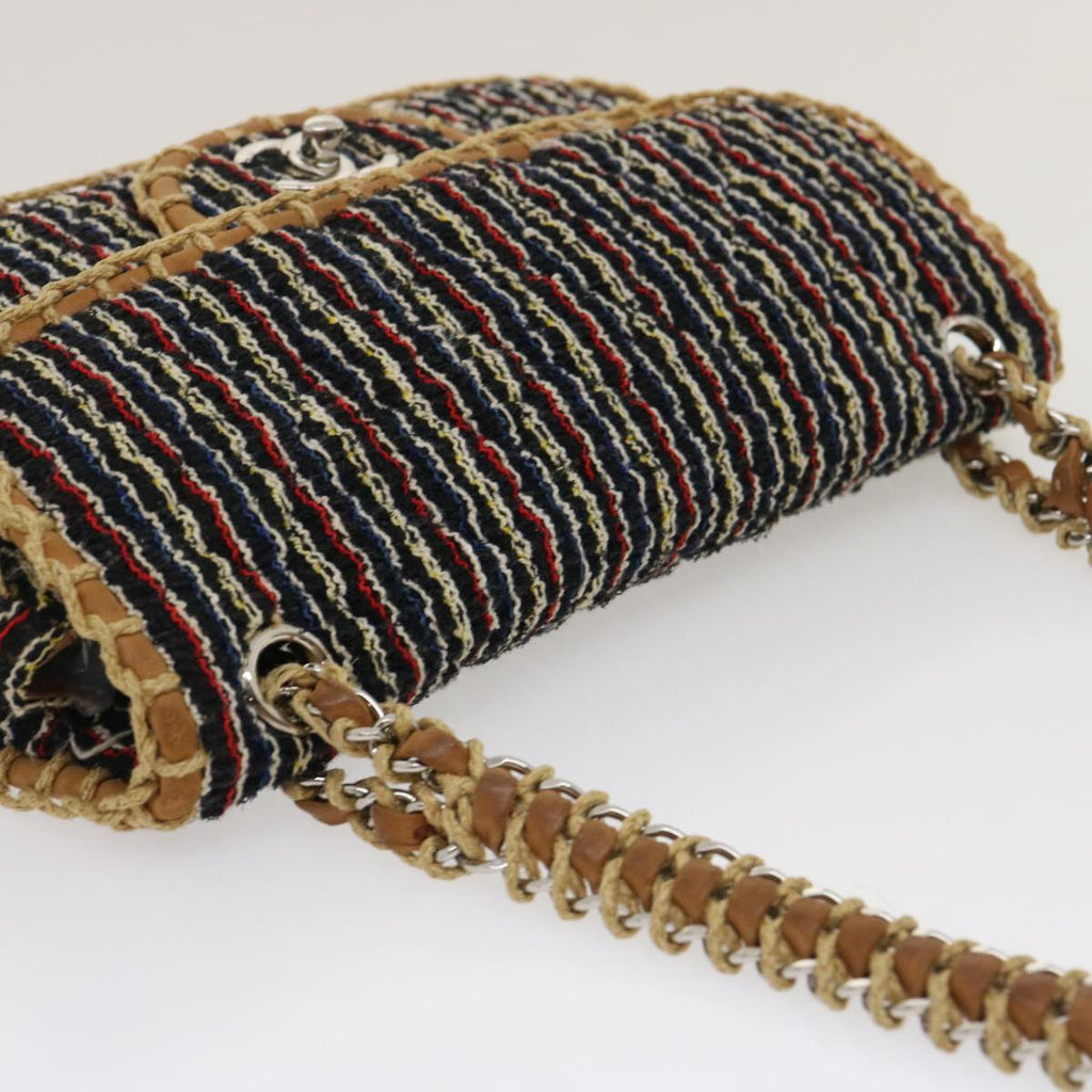 CHANEL Matelasse Tweed Turn Lock Chain Shoulder Bag Navy Brown CC nh616A