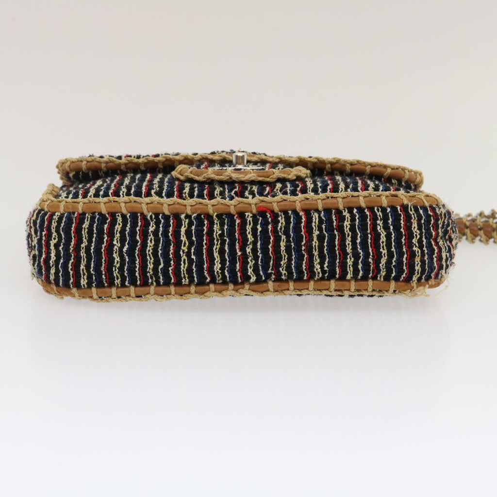 CHANEL Matelasse Tweed Turn Lock Chain Shoulder Bag Navy Brown CC nh616A