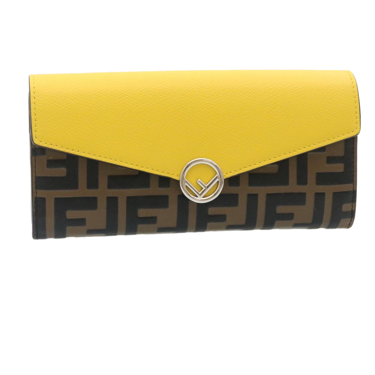 FENDI Zucca F is Continental Wallet Embossed Leather Yellow Brown 34531
