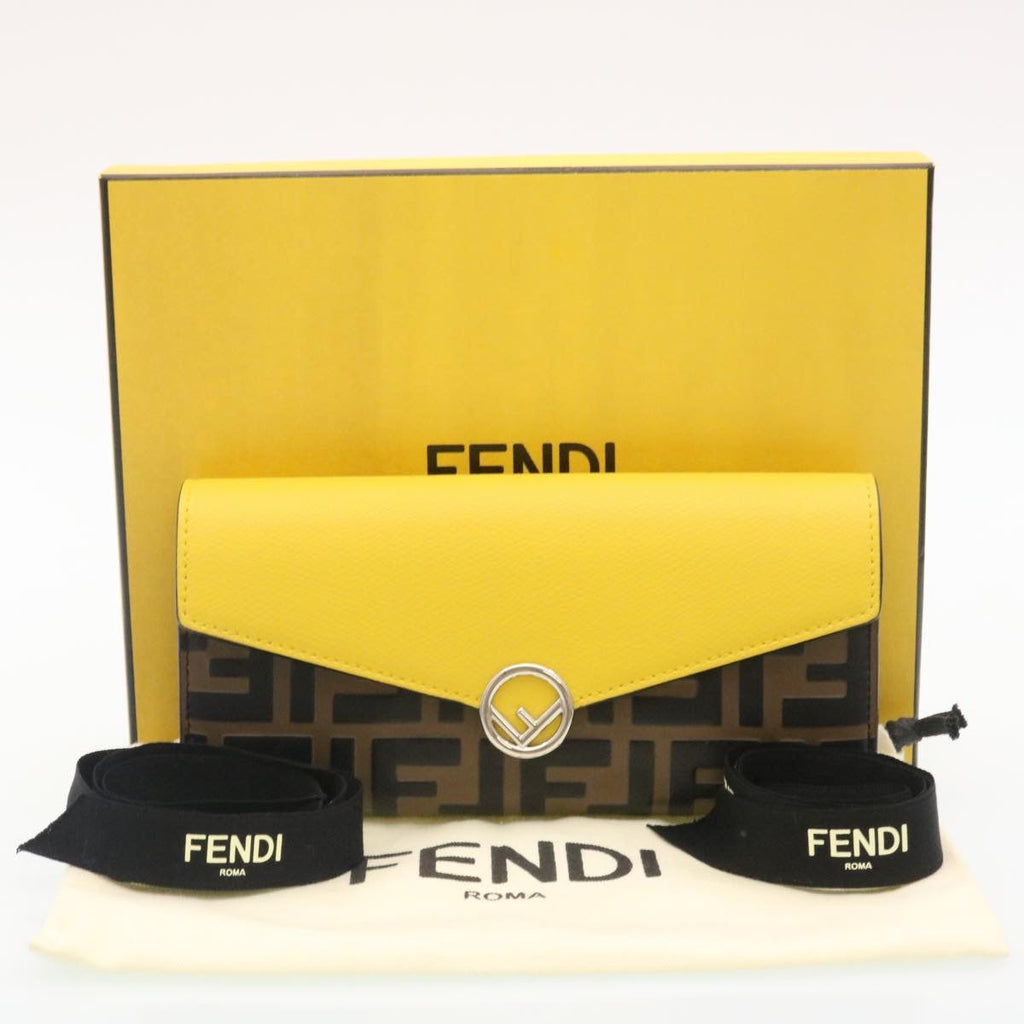 FENDI Zucca F is Continental Wallet Embossed Leather Yellow Brown 34531