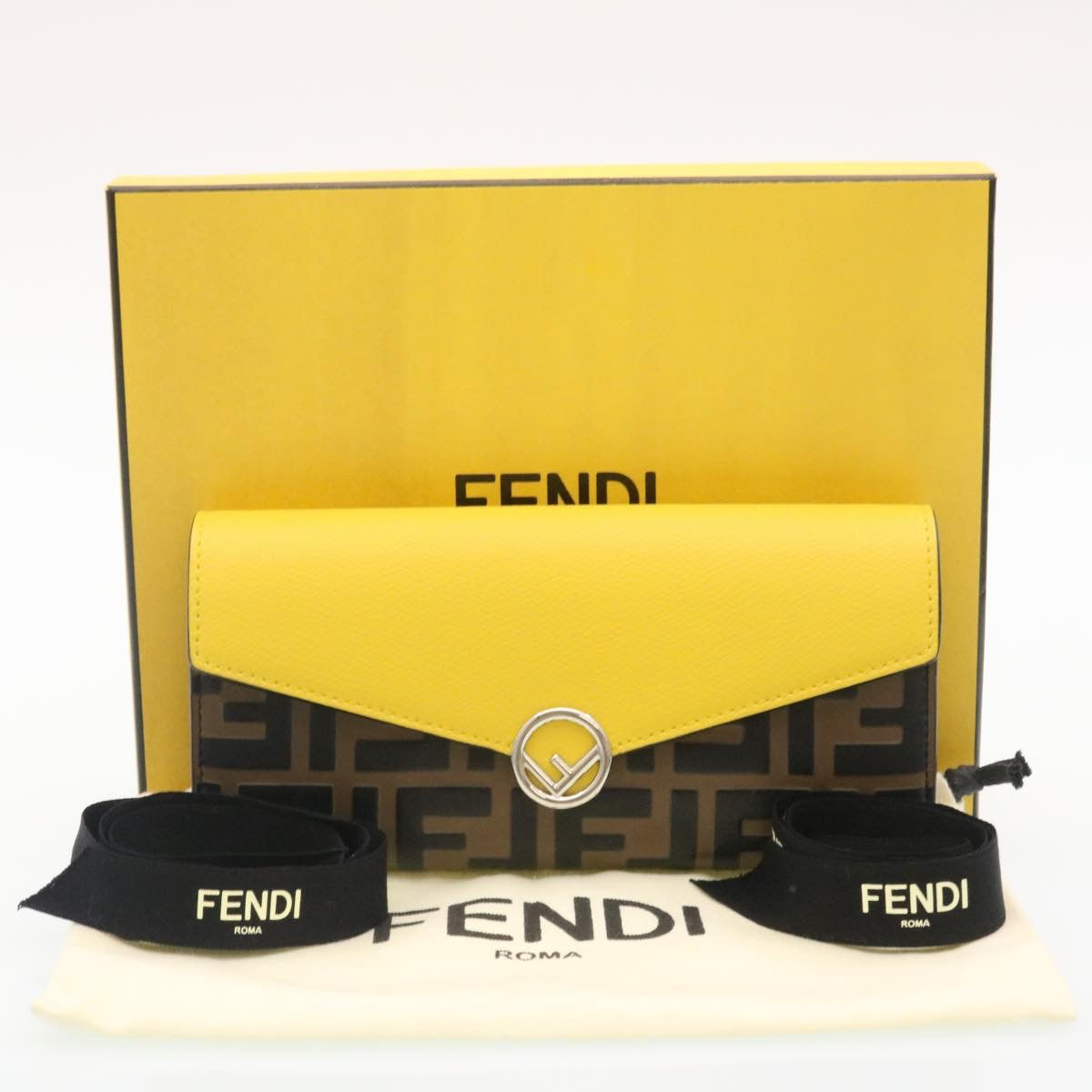 FENDI Zucca F is Continental Wallet Embossed Leather Yellow Brown 34531