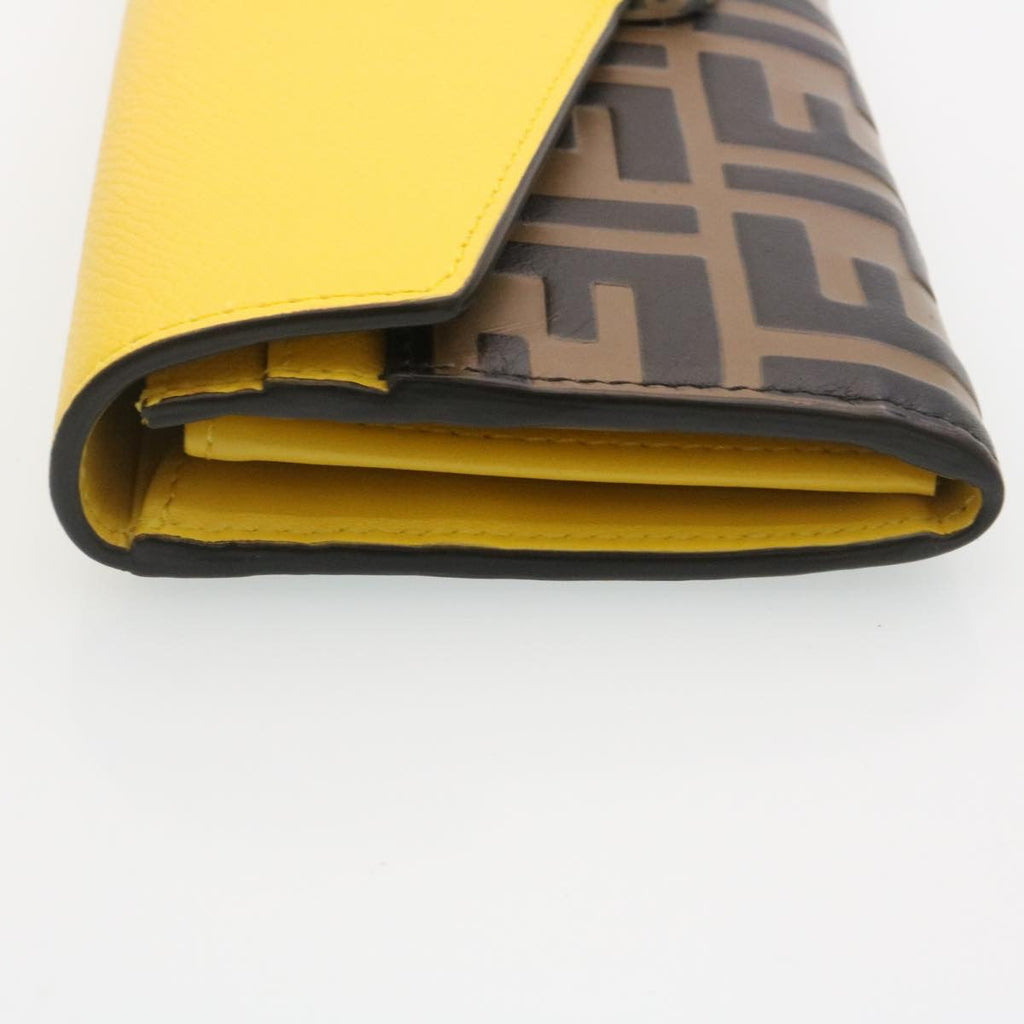 FENDI Zucca F is Continental Wallet Embossed Leather Yellow Brown 34531