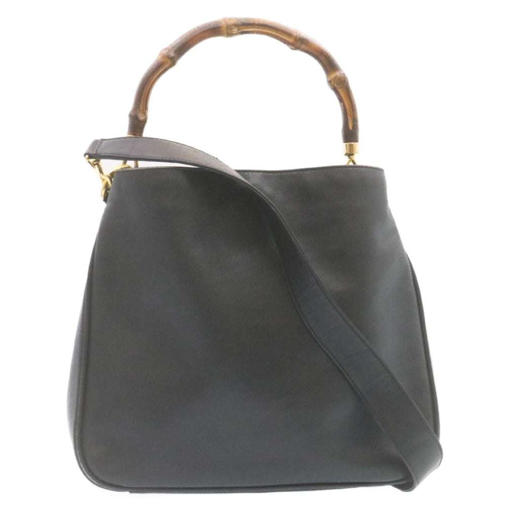 GUCCI Bamboo Hand Bag Leather 2Way Shoulder Bag Black ni086