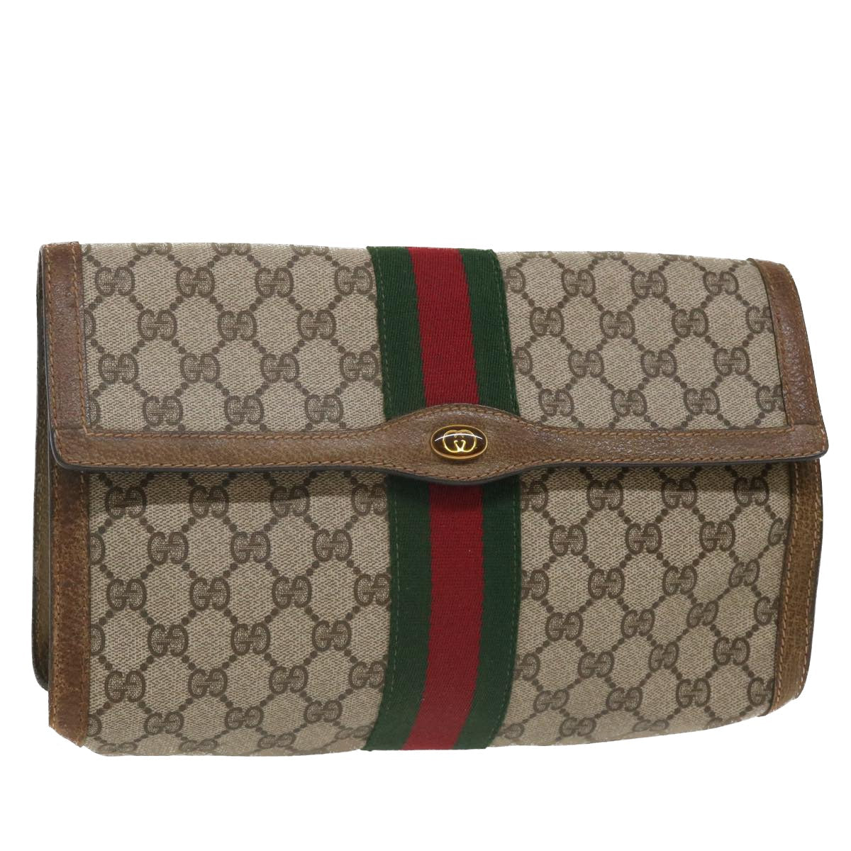 GUCCI GG Canvas Web Sherry Line Clutch Bag Beige Red Green 37-02-3839 ny155