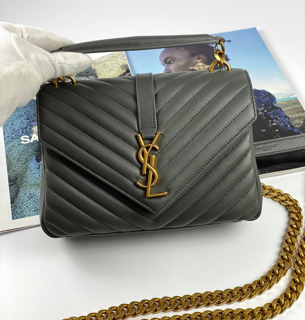 COLLEGE MEDIUM CHAIN BAG IN QUILTED LEATHER GREY KHAKI