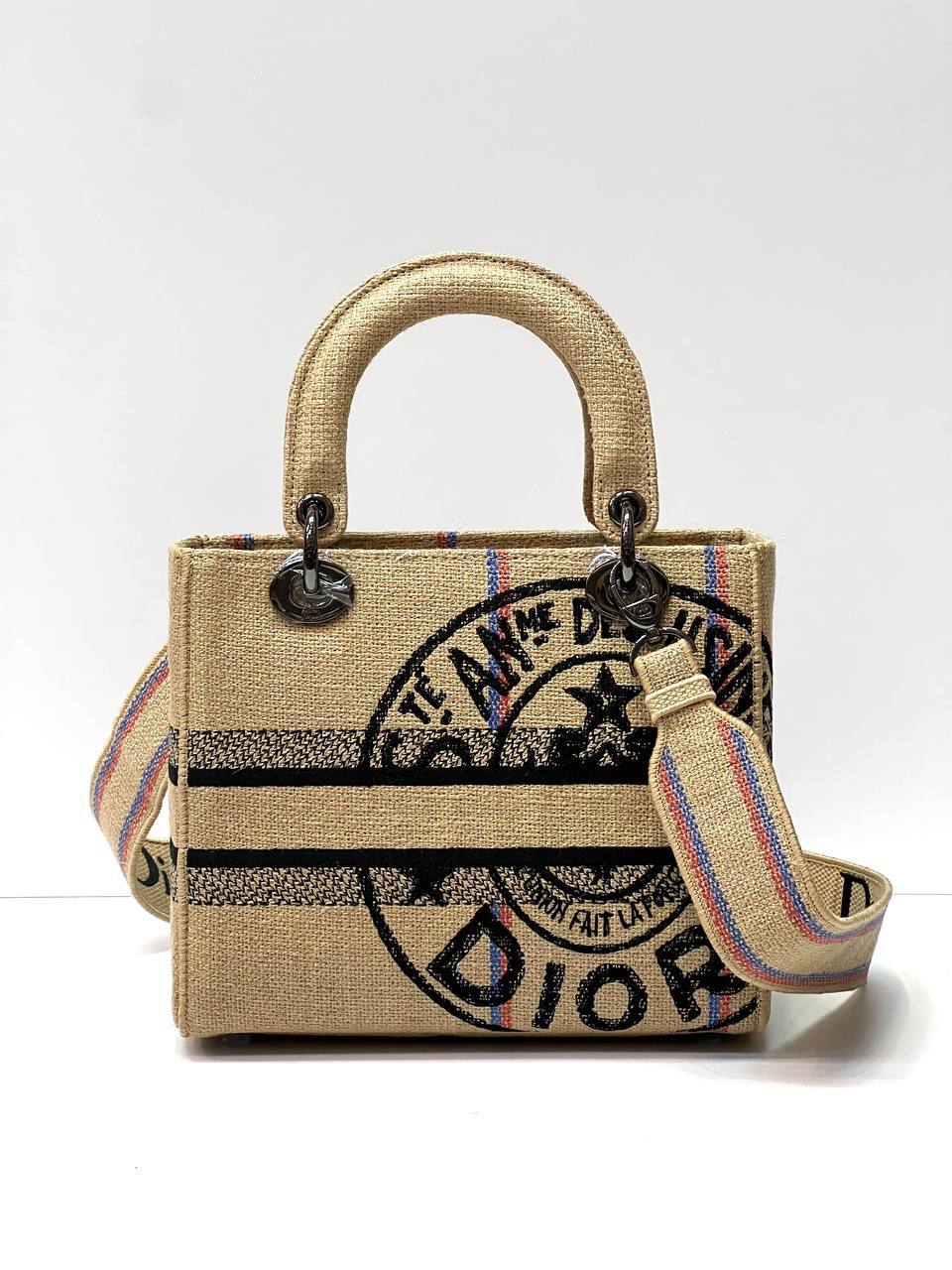 MEDIUM LADY D-LITE BAG Beige Jute Canvas