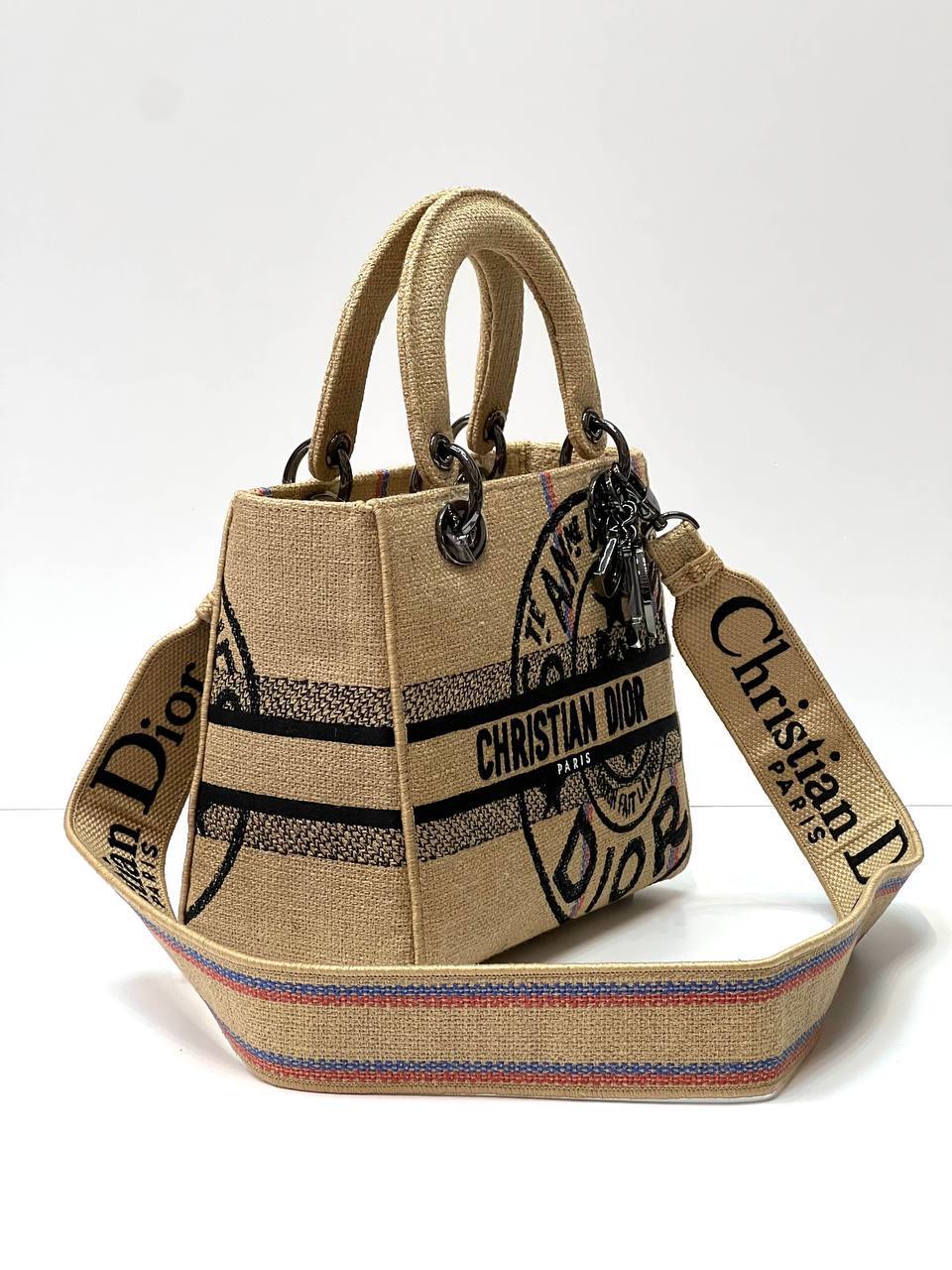 MEDIUM LADY D-LITE BAG Beige Jute Canvas