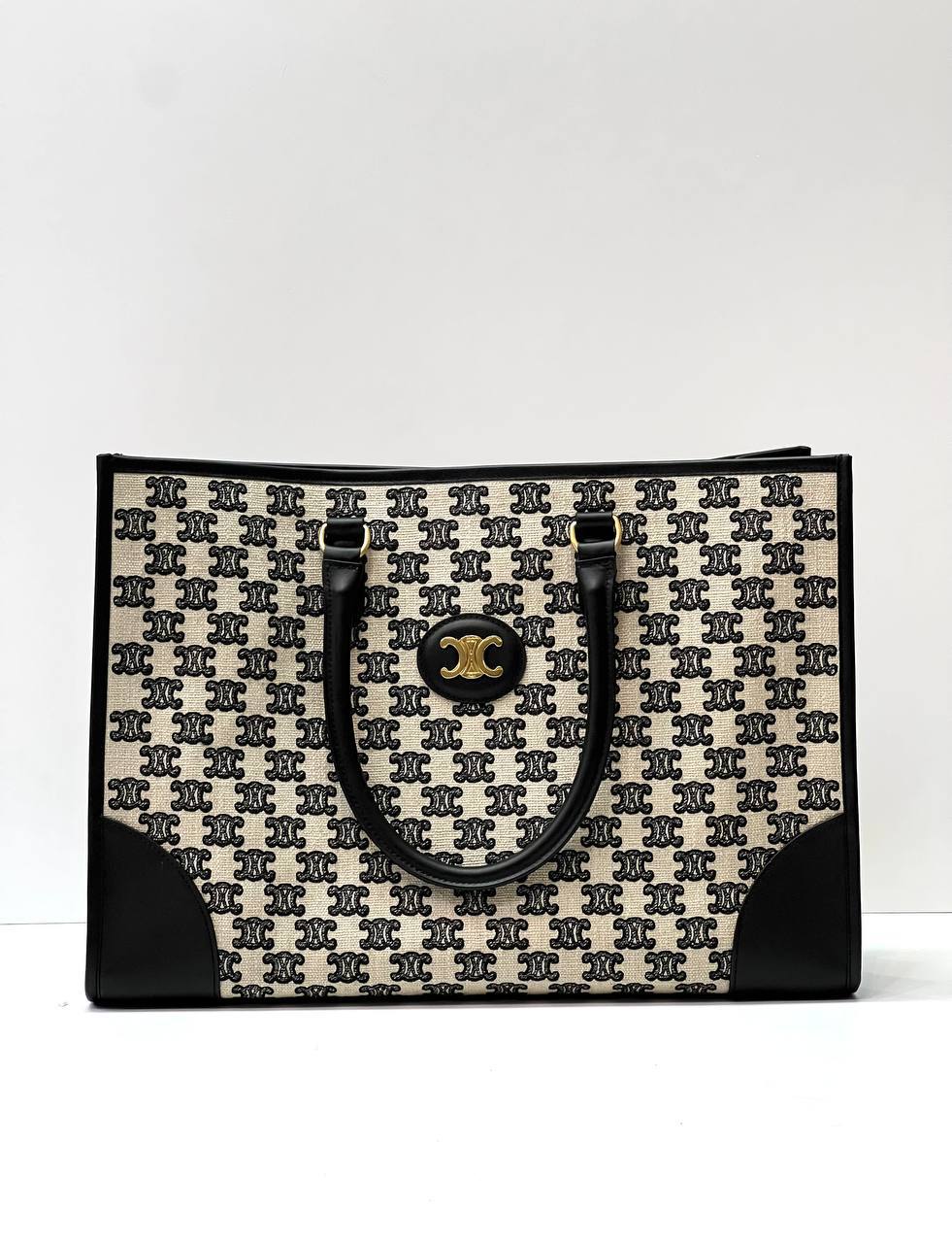 MINI HORIZONTAL CABAS IN TEXTILE WITH TRIOMPHE EMBROIDERY AND CALFSKIN BLACK