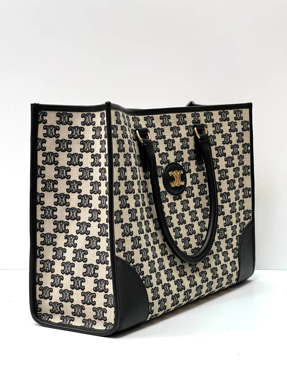 MINI HORIZONTAL CABAS IN TEXTILE WITH TRIOMPHE EMBROIDERY AND CALFSKIN BLACK