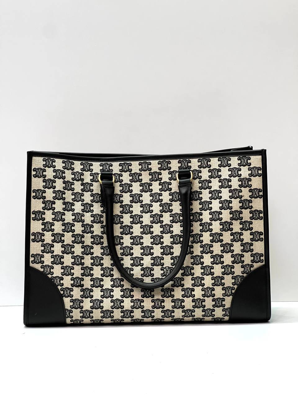 MINI HORIZONTAL CABAS IN TEXTILE WITH TRIOMPHE EMBROIDERY AND CALFSKIN BLACK