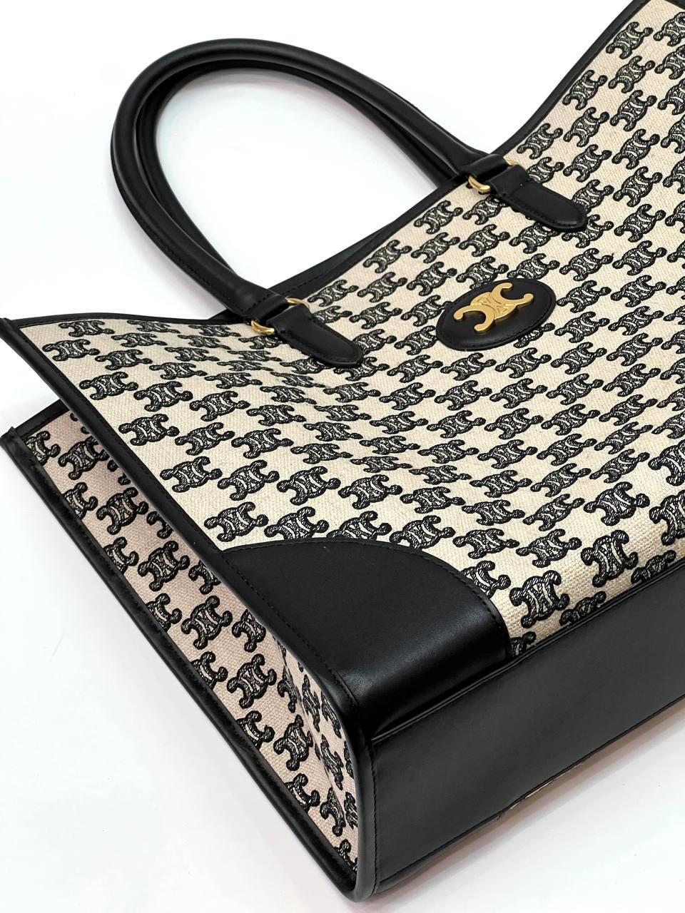MINI HORIZONTAL CABAS IN TEXTILE WITH TRIOMPHE EMBROIDERY AND CALFSKIN BLACK